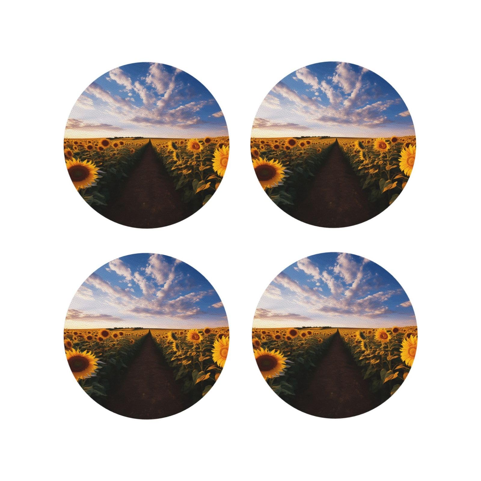 4pcs Drink Coasters for Tabletop Protection, 4" Leather Coasters for Drinks, Field of Blooming Sunflowers Cup Coasters for Coffee Table Decor, Non-Slip Drinking Cup Mat for Hot Or Cold Drink