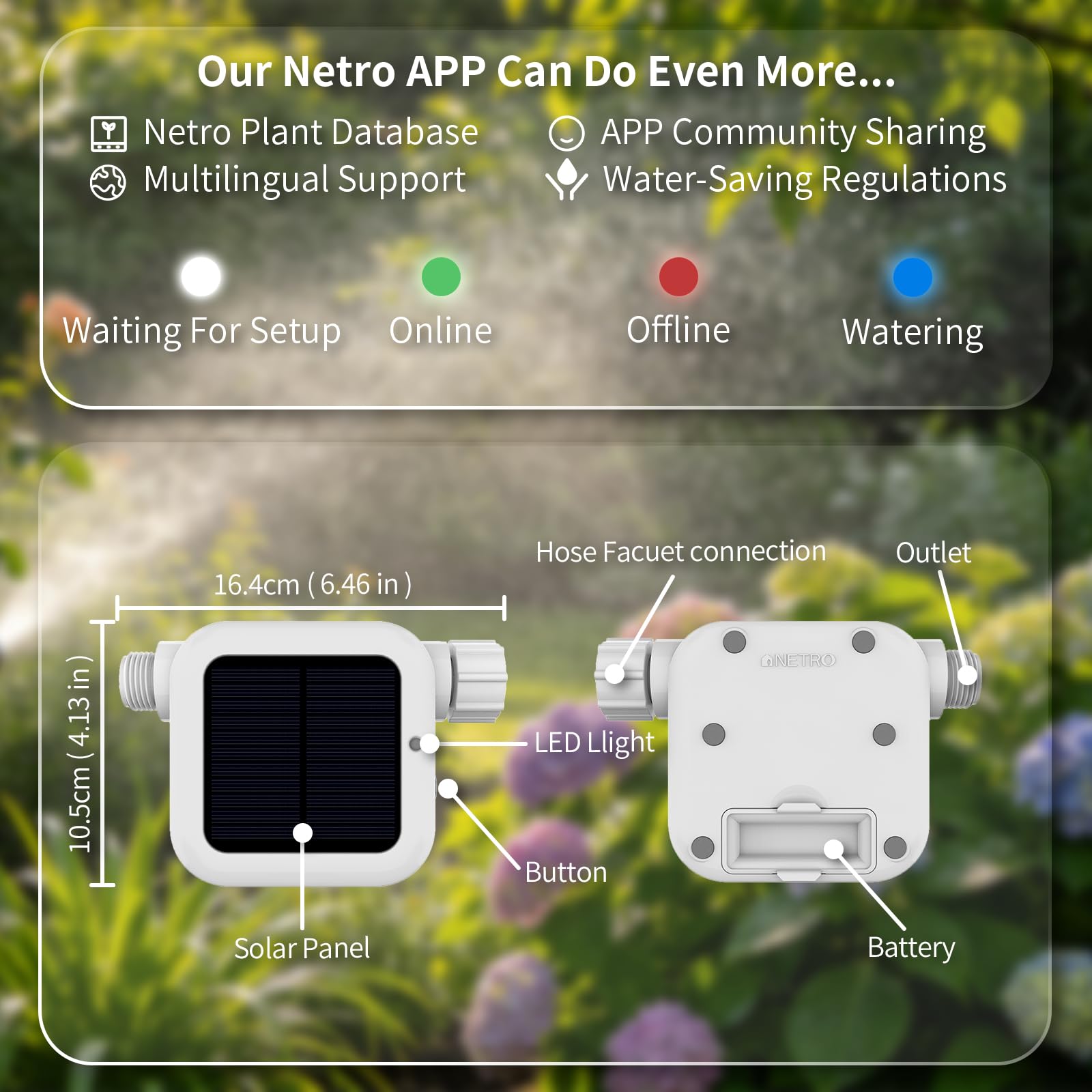Netro Pixie - Timer intelligente per tubo per irrigazione, collegato a WiFi, alimentato a energia solare, con sensore meteo