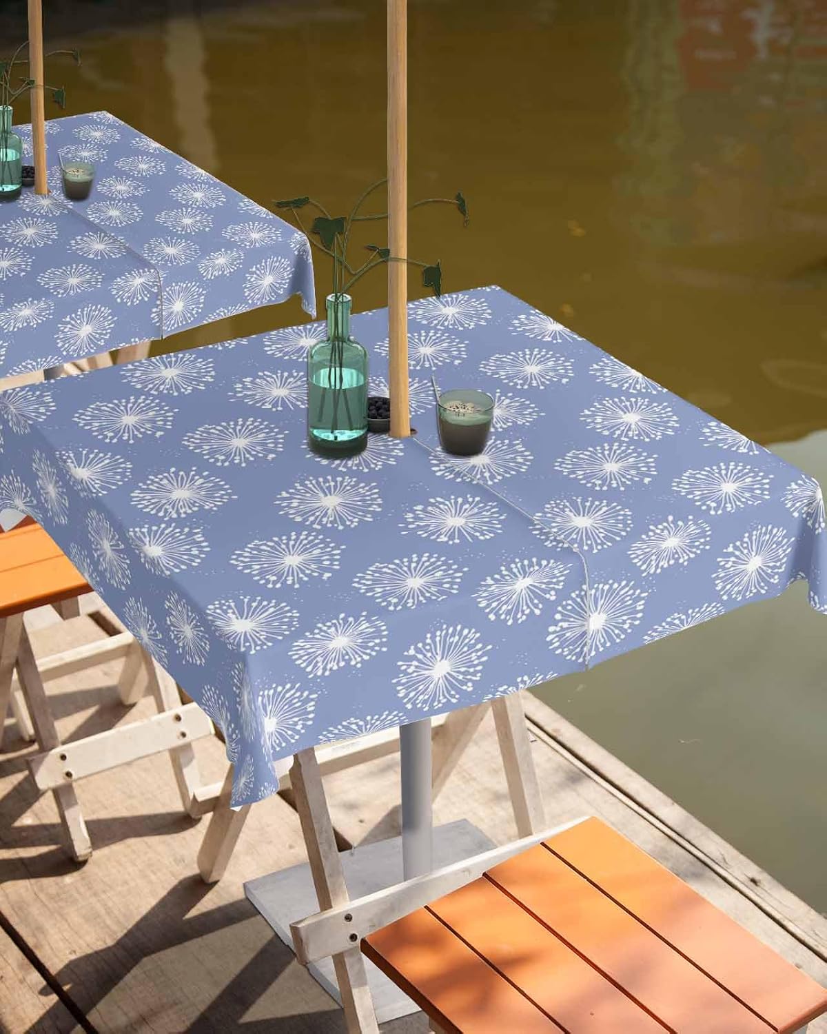 Outdoor Tablecloth with Umbrella Hole and Zipper 60" Square Pastoral Dandelion Pattern Purple Water Repellant Table Cover Tabletop Collection for Party Patio Picnic