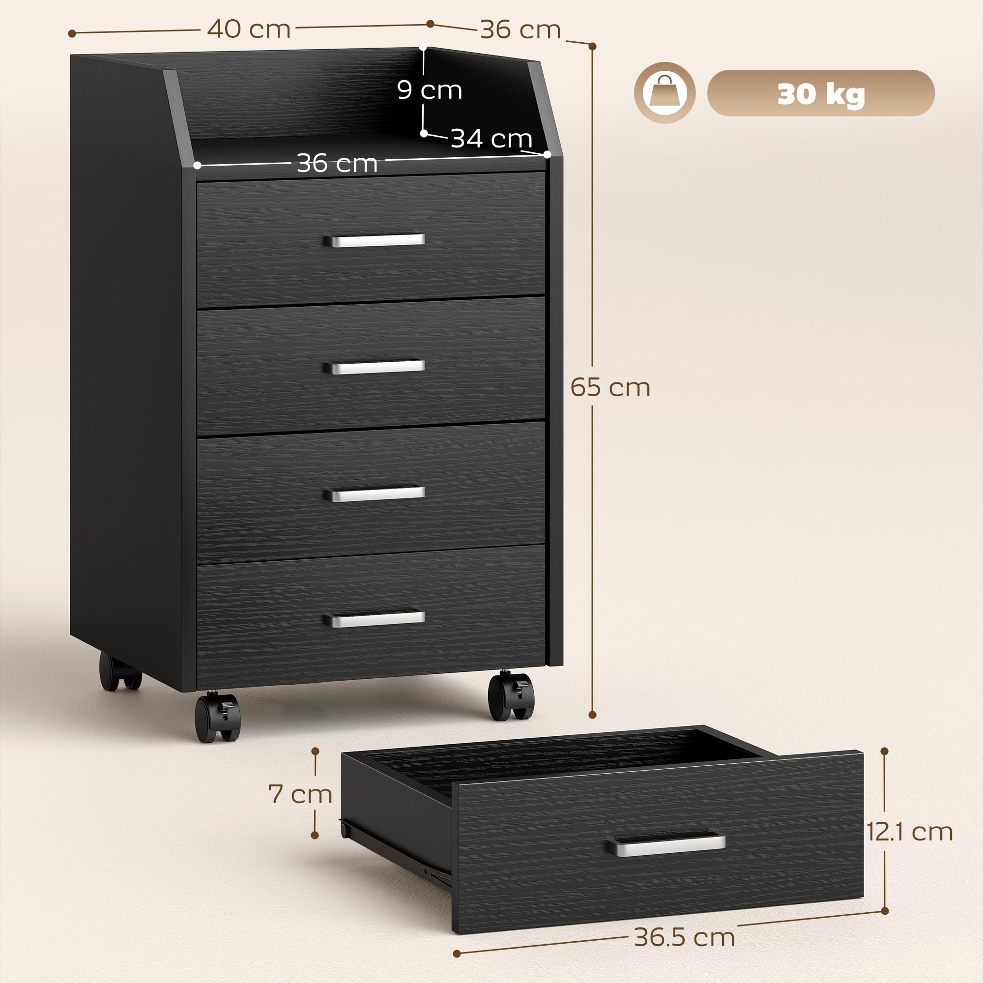 Vinsetto Schedario da Ufficio con 4 Cassetti, Ruote a Freno, Cassettiera Scrivania per Lettera Documenti, Ripiano, Cassettiera Ufficio per Studio Sotto Scrivania, 40x36x65 cm, Effetto Legno Nero