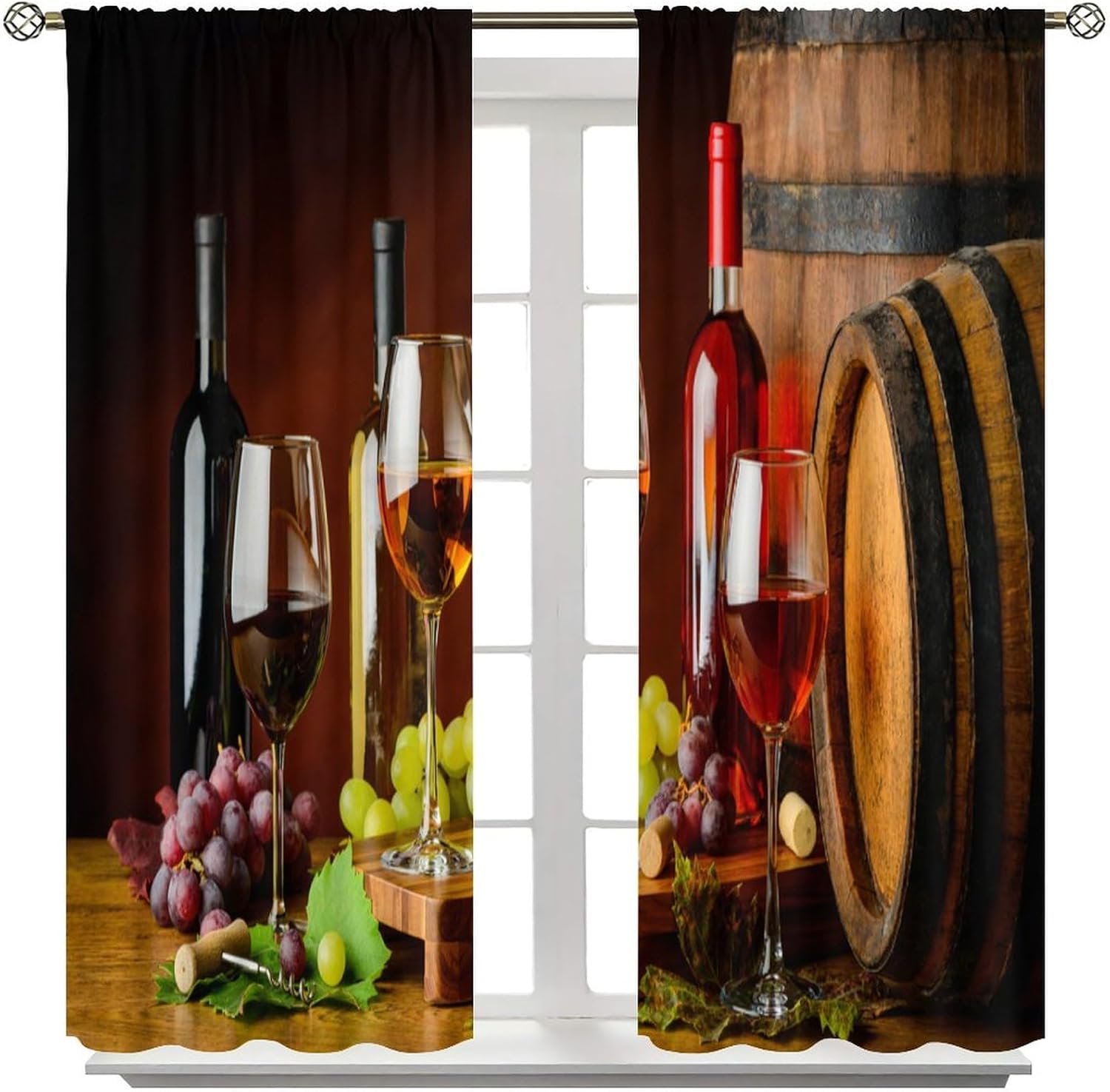Wine Wooden Kitchen Curtains Blackout Rod Pocket Grapes French Bottles and Glasses Drink Fruit Rustic Polyester Window Drapery Treatment for Bedroom Living Room Set 2 Panels,42x54 Inches