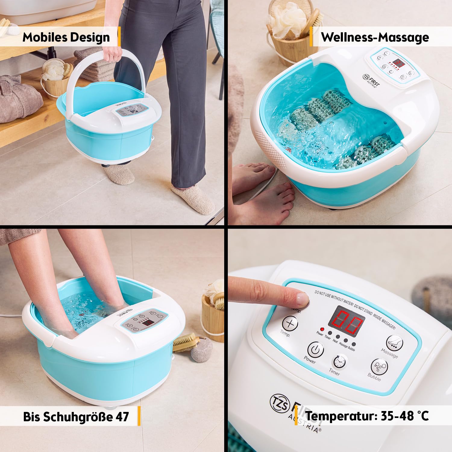 TZS First Austria - Fußsprudelbad Fußmassagegerät 450W mit 3 Programmen & 6 Massagerollen - Fußbad mit Vibrations- & Luftblasenmassage, Infrarot- & Heizfunktion - Elektrische Fußbadewanne mit Timer