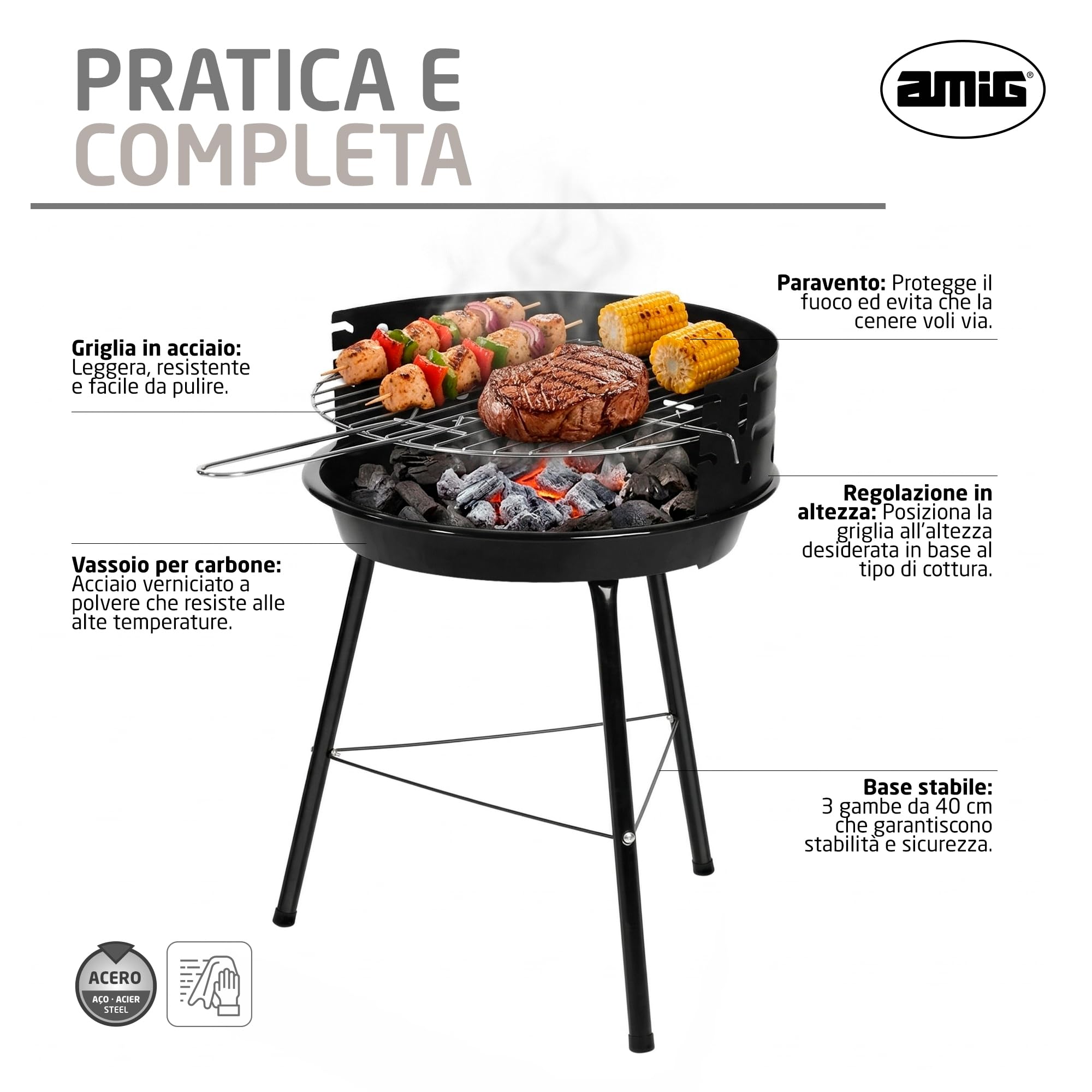 Amig - Barbecue a carbone - 33 x 35 x 56 cm - Nero - Realizzata in Acciaio - Giardino e patio - per terrazza e balcone con dimensioni adatte a spazi piccoli, uso pratico. Mod. AZKAR