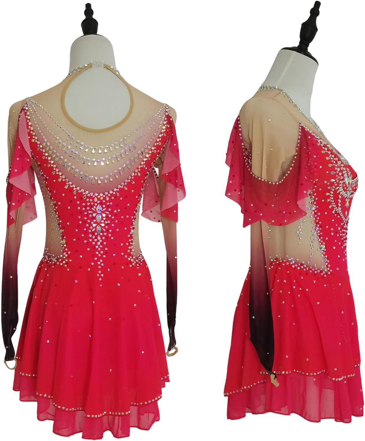 LIUHUO Ice Figure Skating Dress Girls 'Womens Long Sleeve Red Competition Elegant Handmade Crystal