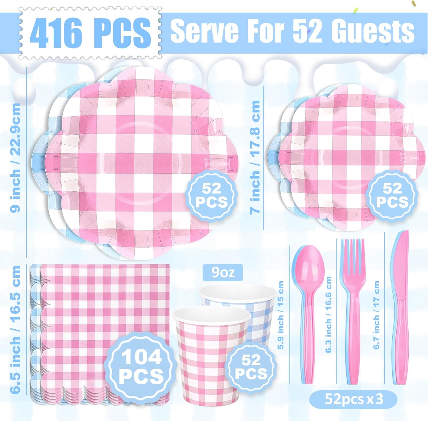 416 Pcs Gingham Party Supplies - For 52 Guests Blue/Pink Paper Plates And Napkins Knives Spoons Forks Cups - Disposable Checkered Dinner Party Set Cutlery - For BBQ Baby Shower Bridal Shower Wedding
