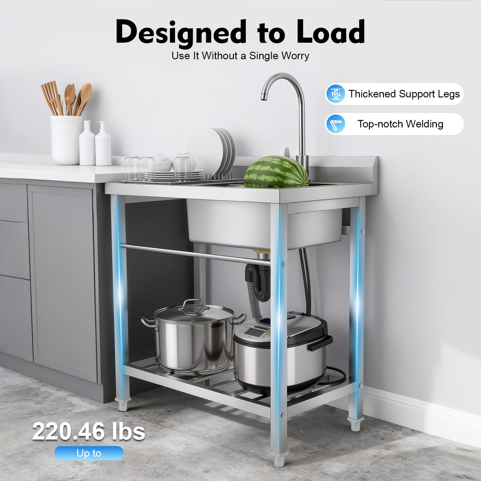 Évier de cuisine indépendant en acier inoxydable avec plan de travail 1 bac, évier de cuisine avec robinet, capacité de charge 220.46lbs