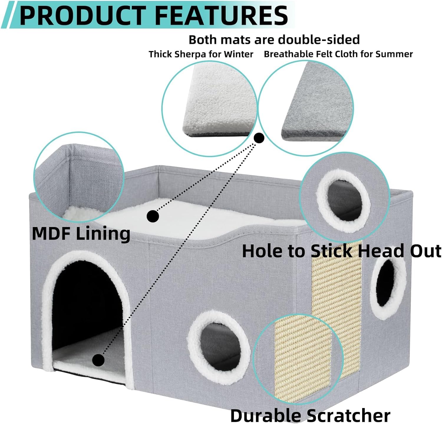 بيت للقطط في الأماكن المغلقة من الميكاكوز، سرير كبير للقطط مع كرة منفوشة ووسادة خدش، بيت قطط قابل للطي، مكعبات ومخبأ وسرير قطط مغطى