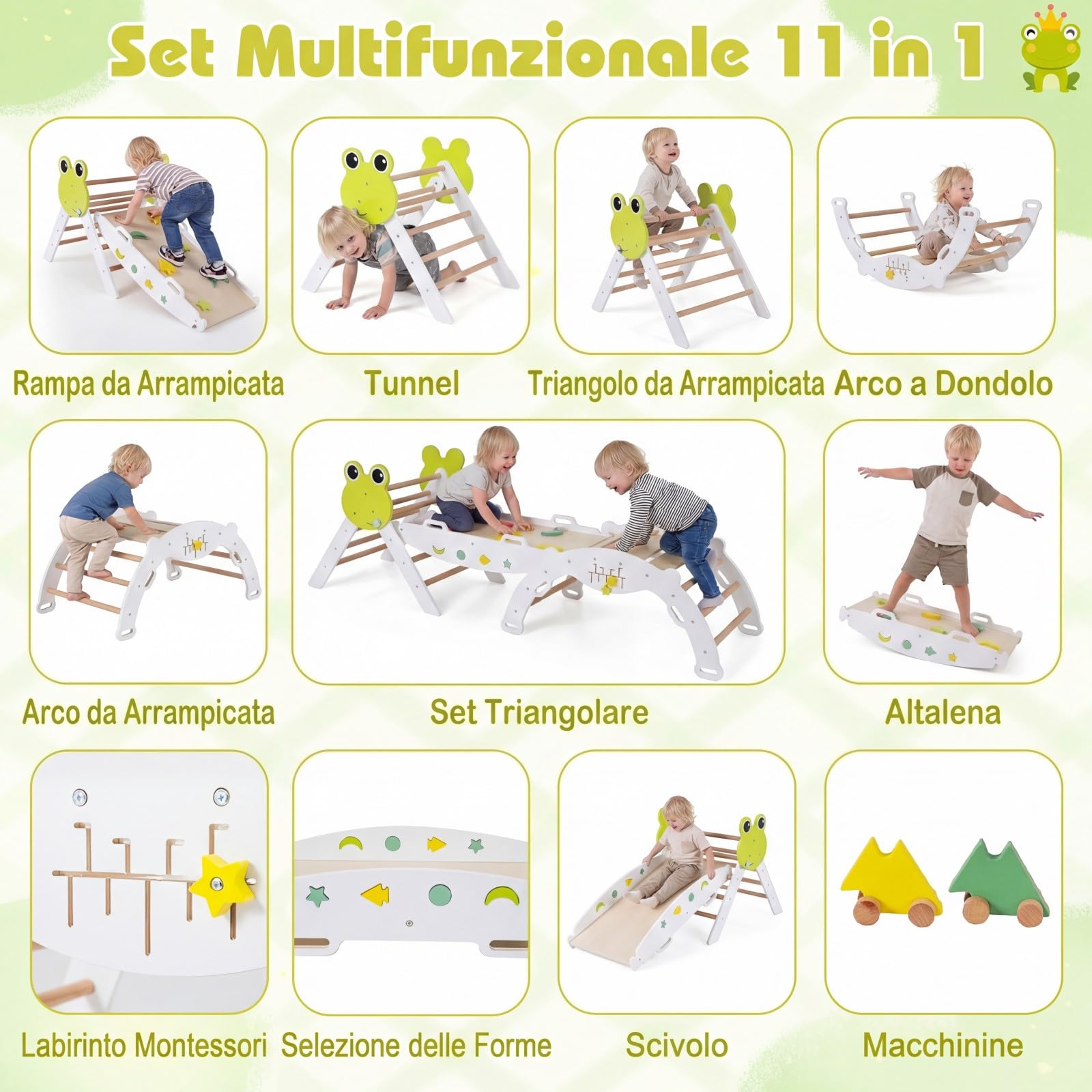 RELAX4LIFE Set da Arrampicata per Bambini, Triangolo di Arrampicata con Scivolo e Arco, Gioco di Incastri in Legno, Gioco Montessori per Bambini 1+ Anni (Rana-3 Pezzi | Bianco)