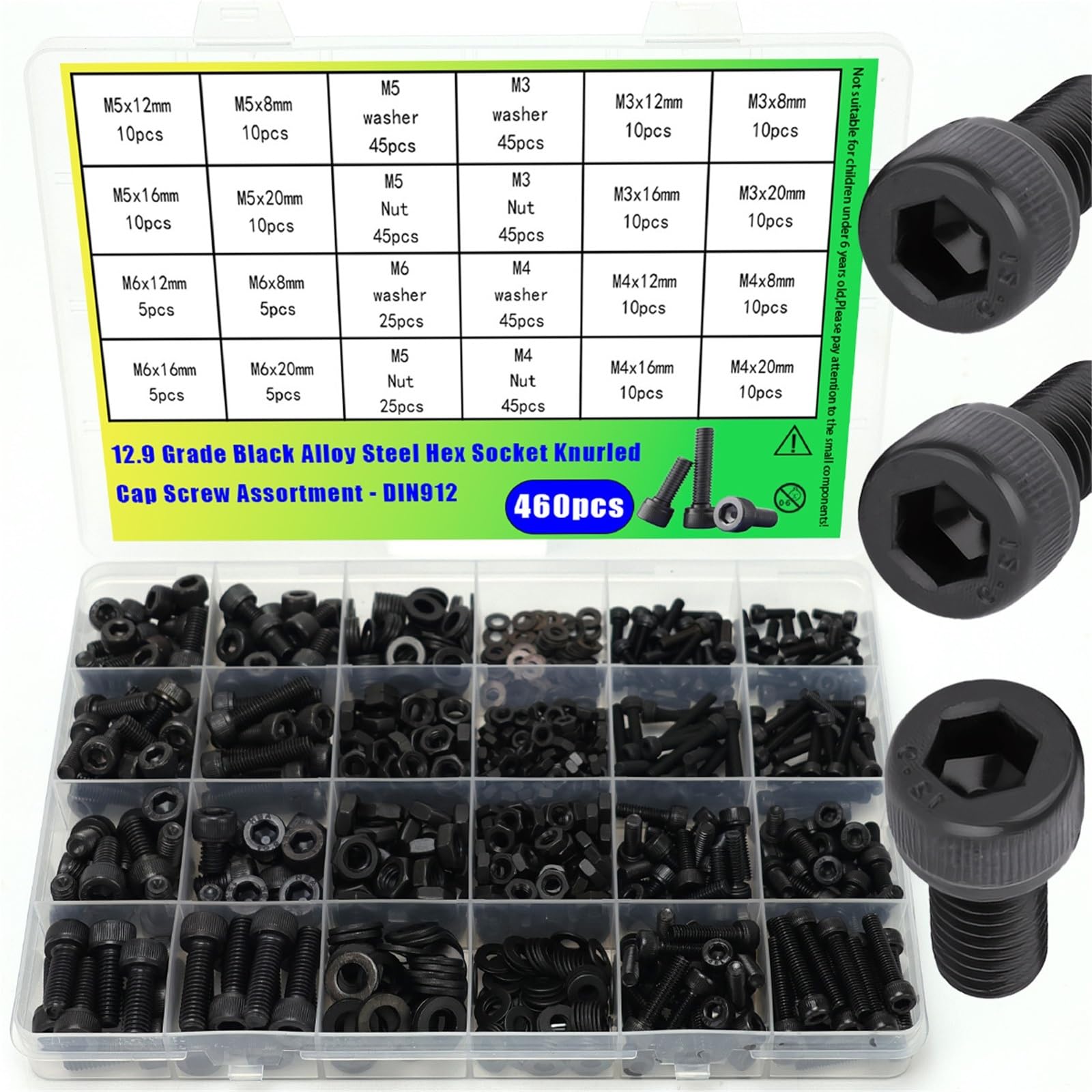 Juego De Tornillos Y Tuercas Juego de tornillos con cabeza hueca moleteada acero al carbono negro, 460 Uds., tuercas y arandelas M3 M4 M5 M6, for maquinaria