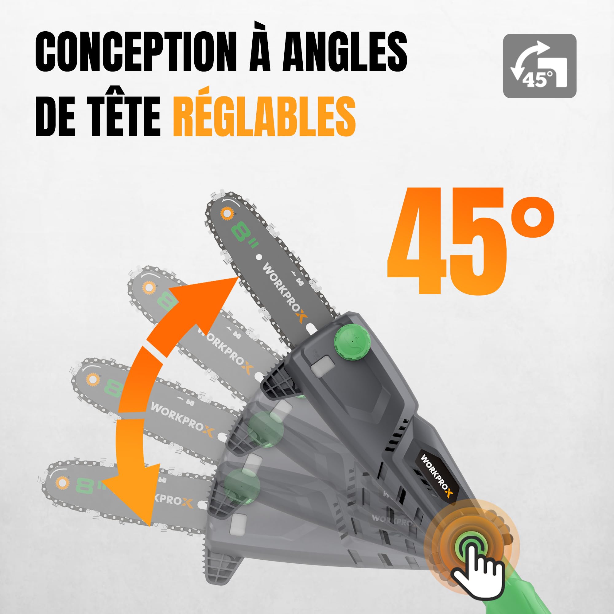 WORKPROX Élagueuse Télescopique sur Perche 20V pour Tailler Branches Hautes – Tronçonneuse à Batterie 4,0Ah, Extension Jusqu'à 4,5 m, Lame 20 cm, Angles de Tête Réglables, Lubrification Auto