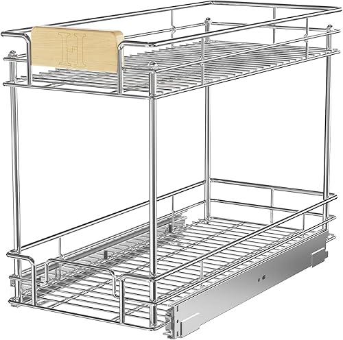 ROOMTEC Organizador de gabinete extraíble con mango de madera, 10 pulgadas de ancho x 21 pulgadas de profundidad, 2 niveles, cajones extraíbles para