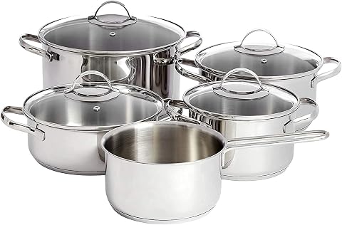 Amazon Basics 9 Pezzi Set di Pentole a Induzione - Acciaio Inox, Argento