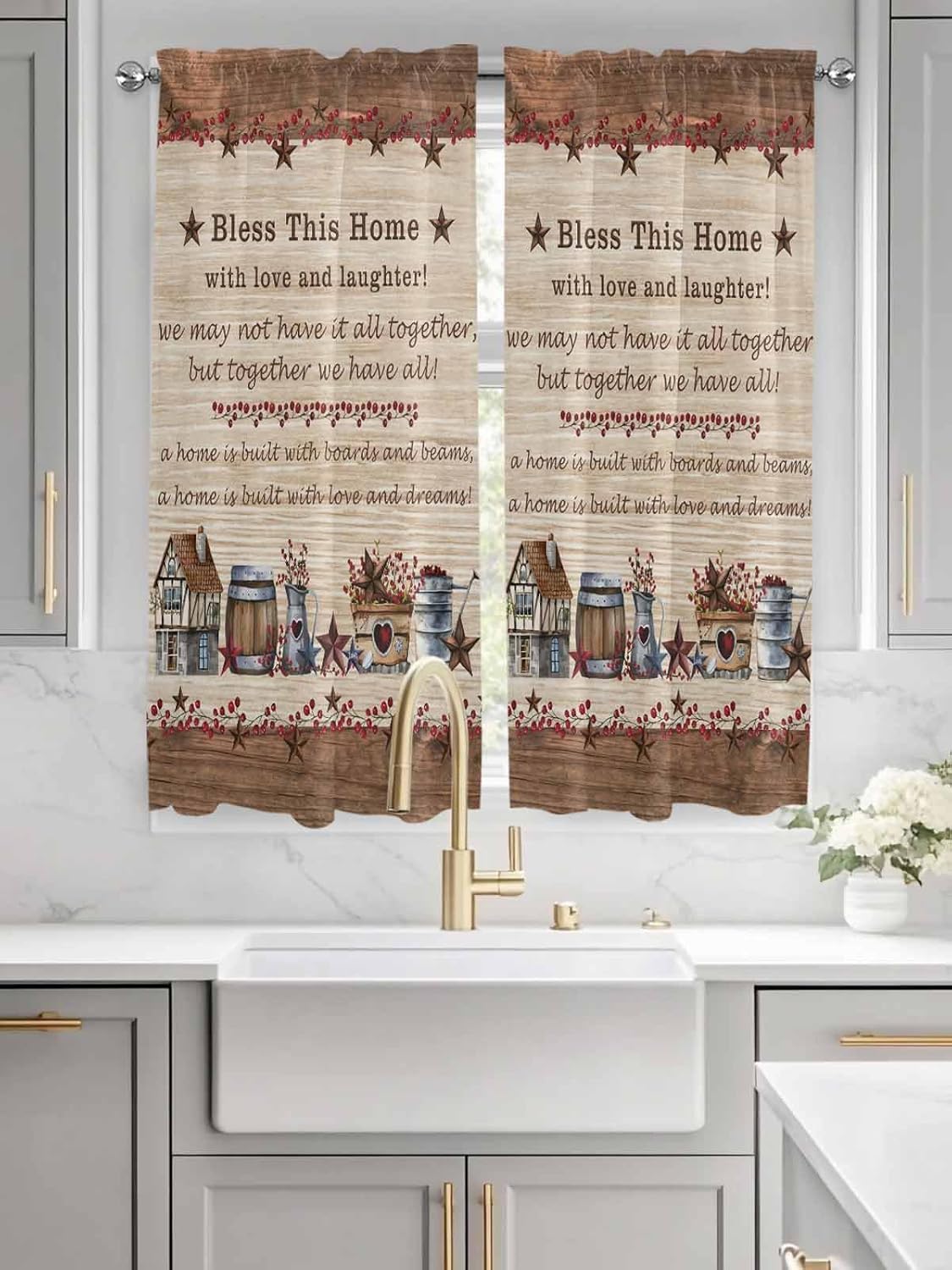 DecorLovee Heart Shaped Basket Country Star Brown Wood Grain Words Red Berry Rod Pocket Curtains 52 x 72 Inches Long Kitchen Curtains for Bedroom, French Door Half Window Curtain for Patio Door