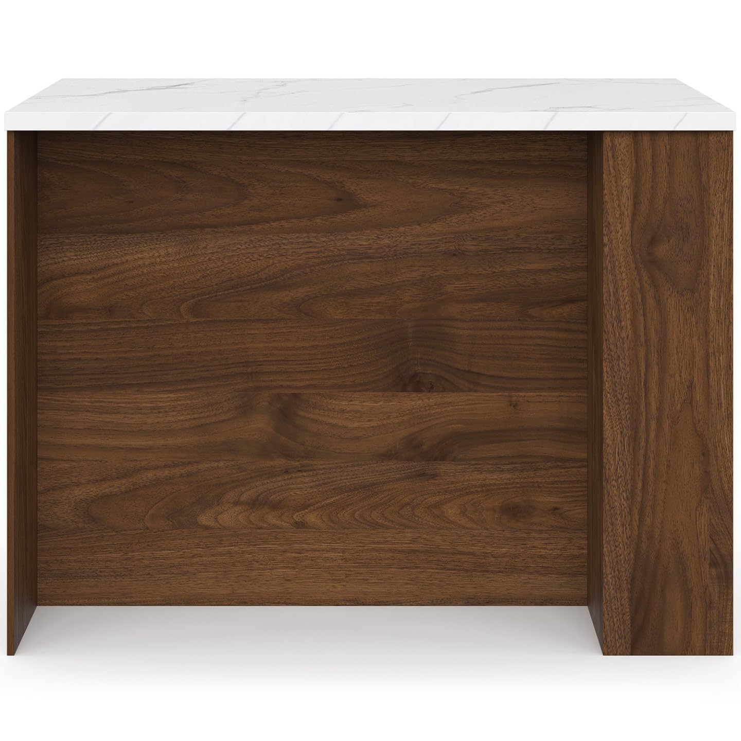 IDMarket - Ilot Central TIBO 120 cm Bois foncé Effet Noyer avec Plan de Travail Effet marbre Alaska