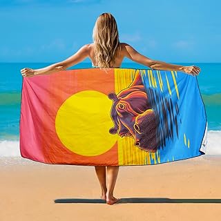 Mikrofaser Strandtuch XXL mit Nilpferd Sonnenuntergang Motiv, Schwarz-Orange-Blau, Modern, 180 x 90 cm, Weich und Schnelltrocknend, für Strand und Schwimmbad