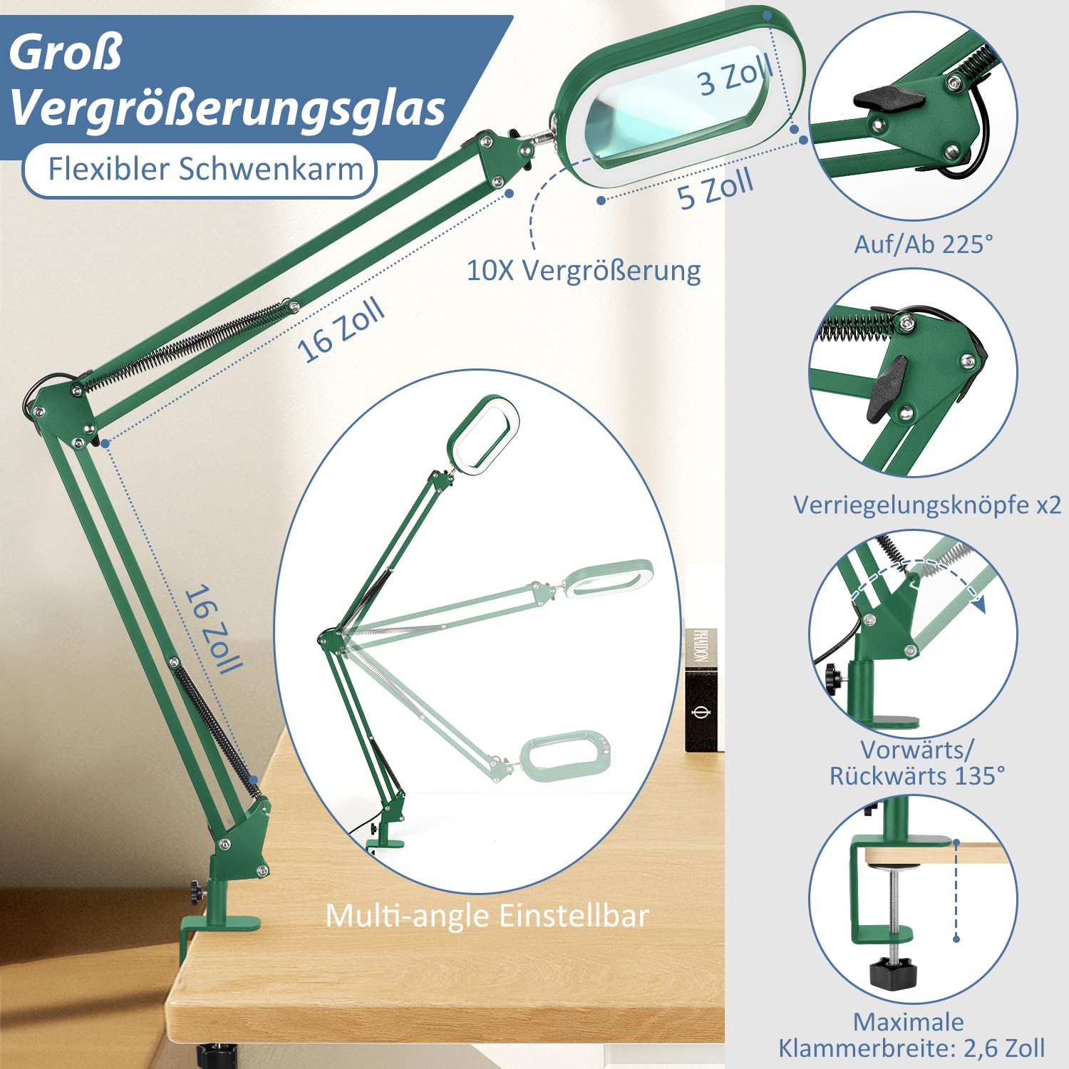 Veemagni Lupa rectangular de cristal auténtico con luz y abrazadera, 5 modos de color de intensidad continua, 2 x 16 pulgadas brazo giratorio LED lámpara de lupa con manos libres con iluminación para
