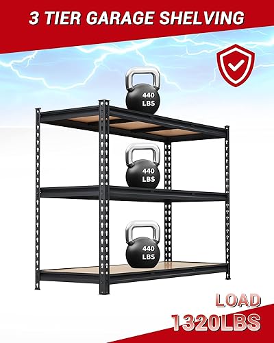 Miniatura 7 de Estantería de garaje ajustable de 3 niveles, estante de metal resistente de 1320 libras, 36 pulgadas de ancho x 18 pulgadas de profundidad x 36
