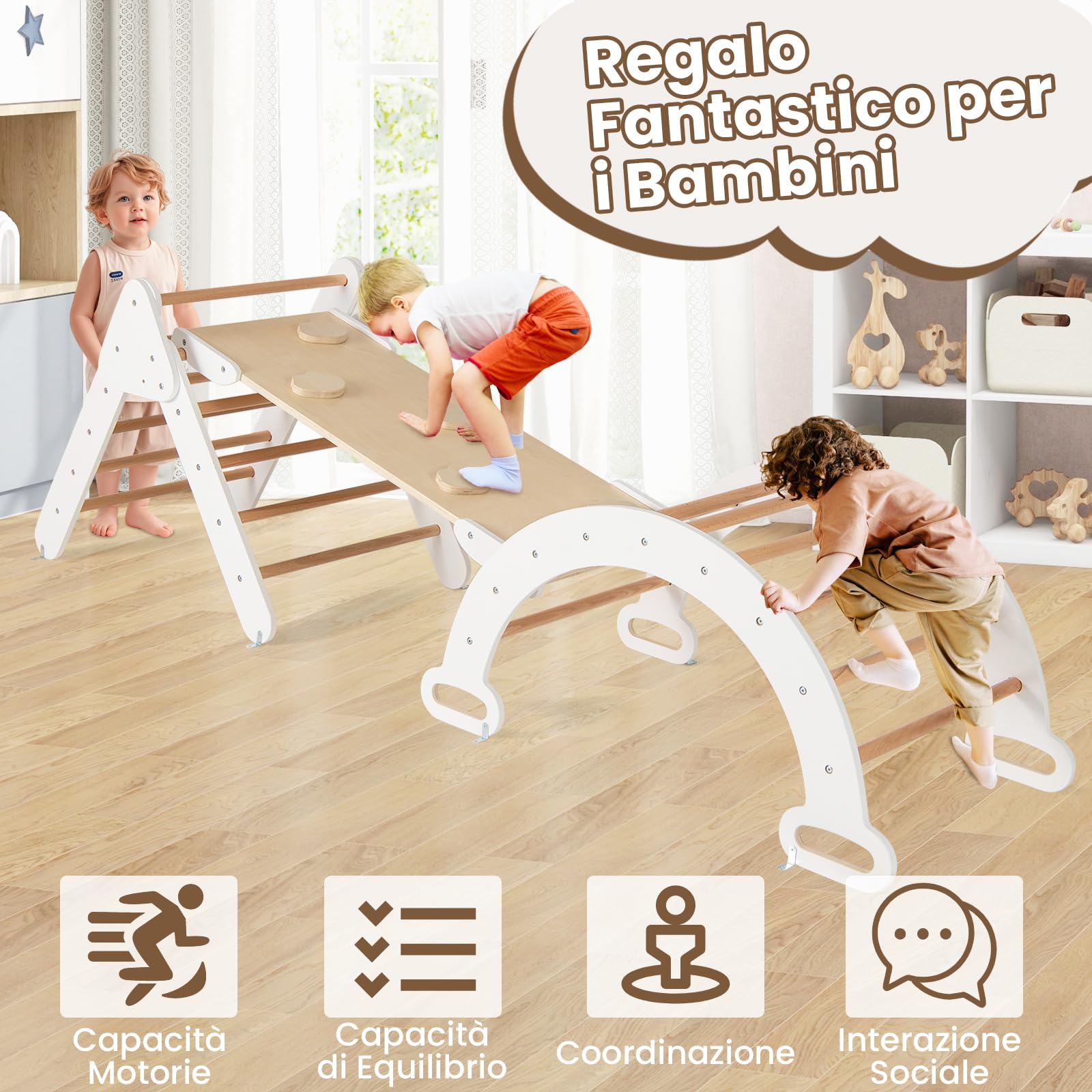 RELAX4LIFE 4 in 1 Triangolo da Arrampicata con Scivolo per Bambini, Arco da Arrampicata e Scala per Arrampicarsi in Legno, Montessori Giocattoli Bimbi 2 3 4 5 Anni
