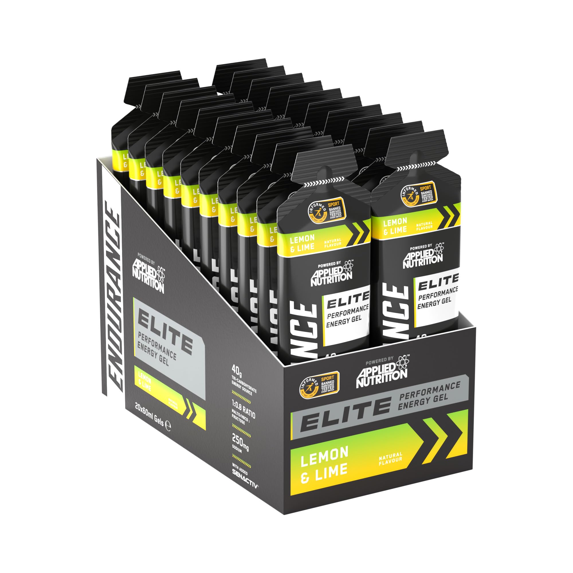 Applied Nutrition Endurance Elite Energy Gel - 40g Tri-Carb Fuel (Maltodextrin, Fructose & HBCD) 1:0.8 - Electrolytes 250mg Sodium with Senactiv (Pack of 20 x 60ml) (Lemon & Lime)