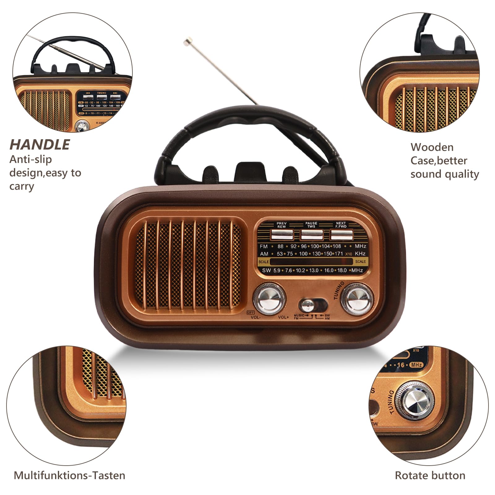 Radio portátil retro con Bluetooth, AM/FM/SW radio de maleta solar funcionamiento con batería/funcionamiento con pilas D, altavoz radio de cocina con panel solar soporte para móvil compatible con