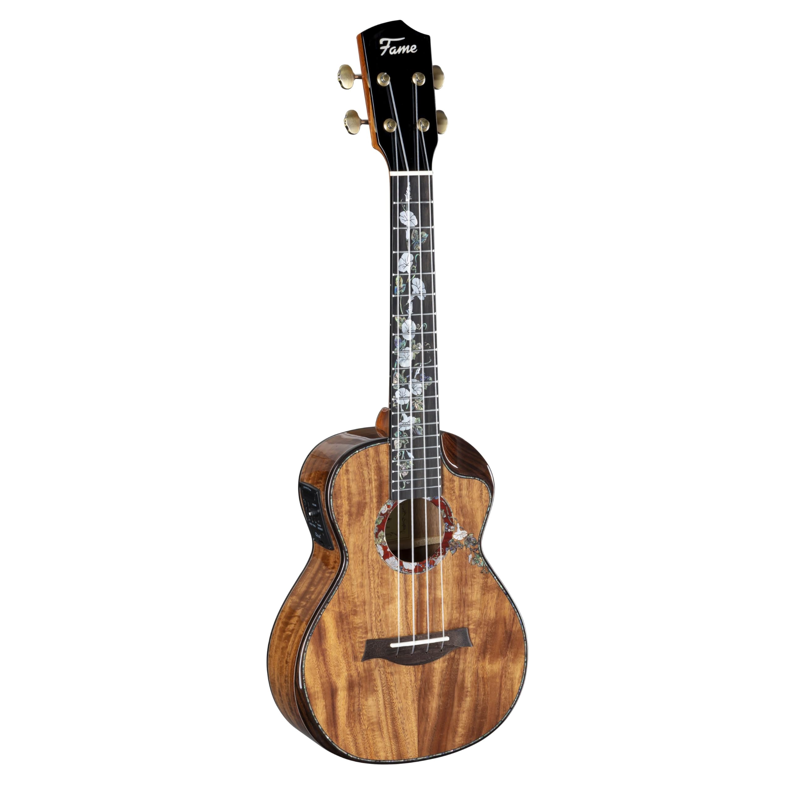 Konzert Ukulele Koa-Holz mit Tonabnehmer, Cutaway, Mahagonihals, 19 Bünde, Abalone Bindings, Flower Inlays, Hochglanz-Finish, inklusive Gigbag – geeignet für Bühne und Studio
