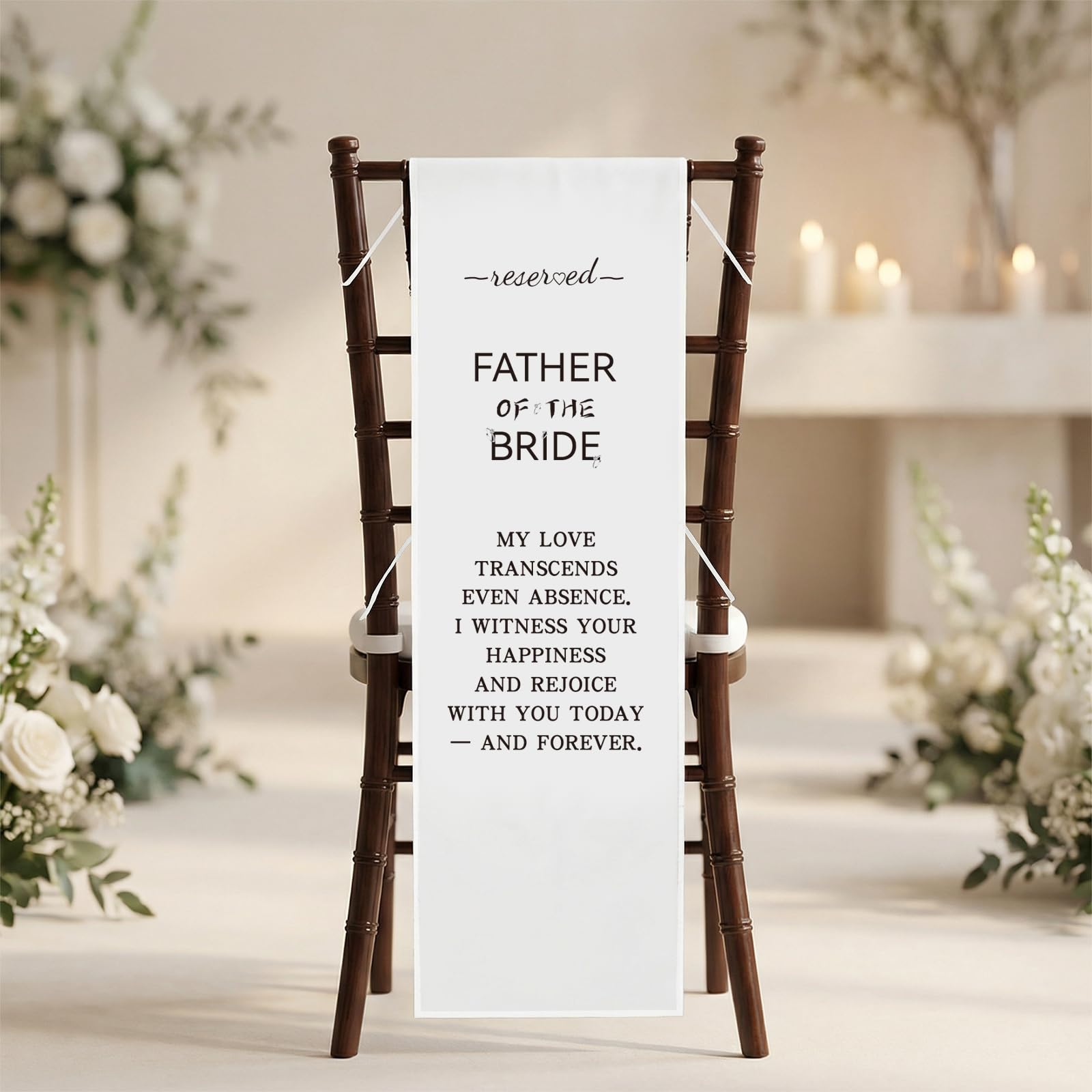 Father of The Bride Wedding Memorial Reserved Chair Sign in Our Hearts Banner in Loving Memory Wedding Sign of Parents Celebrating from Heaven, Save a Seat for Someone In Heaven(50 x 15 Inch)