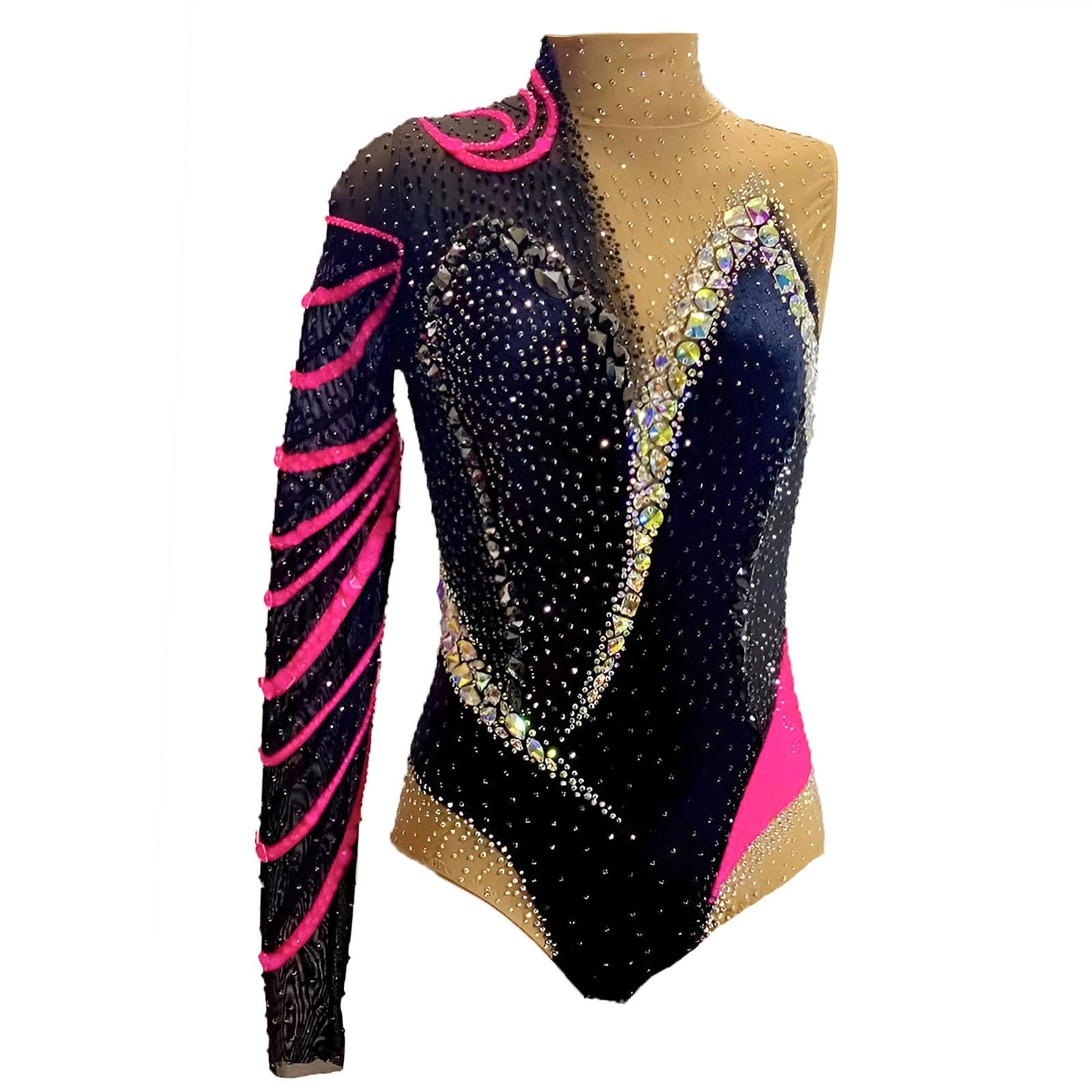 Maillot De Gimnasia Rítmica For Niña, Cuello Alto, Ropa De Competición De Gimnasia Artística Con Diamantes Brillantes.
