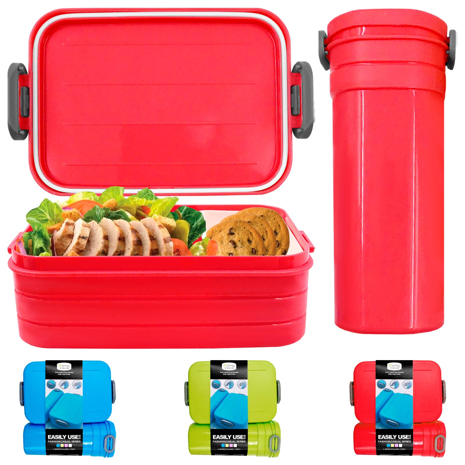 Ennoxwi 2-Piece Bento Lunch Box and Water Bottle Set, Bento Box, Leakproof Food Container with Compartments for Work, Office, School, Picnic, Random Surprise Colours (Blue, Green or Red)