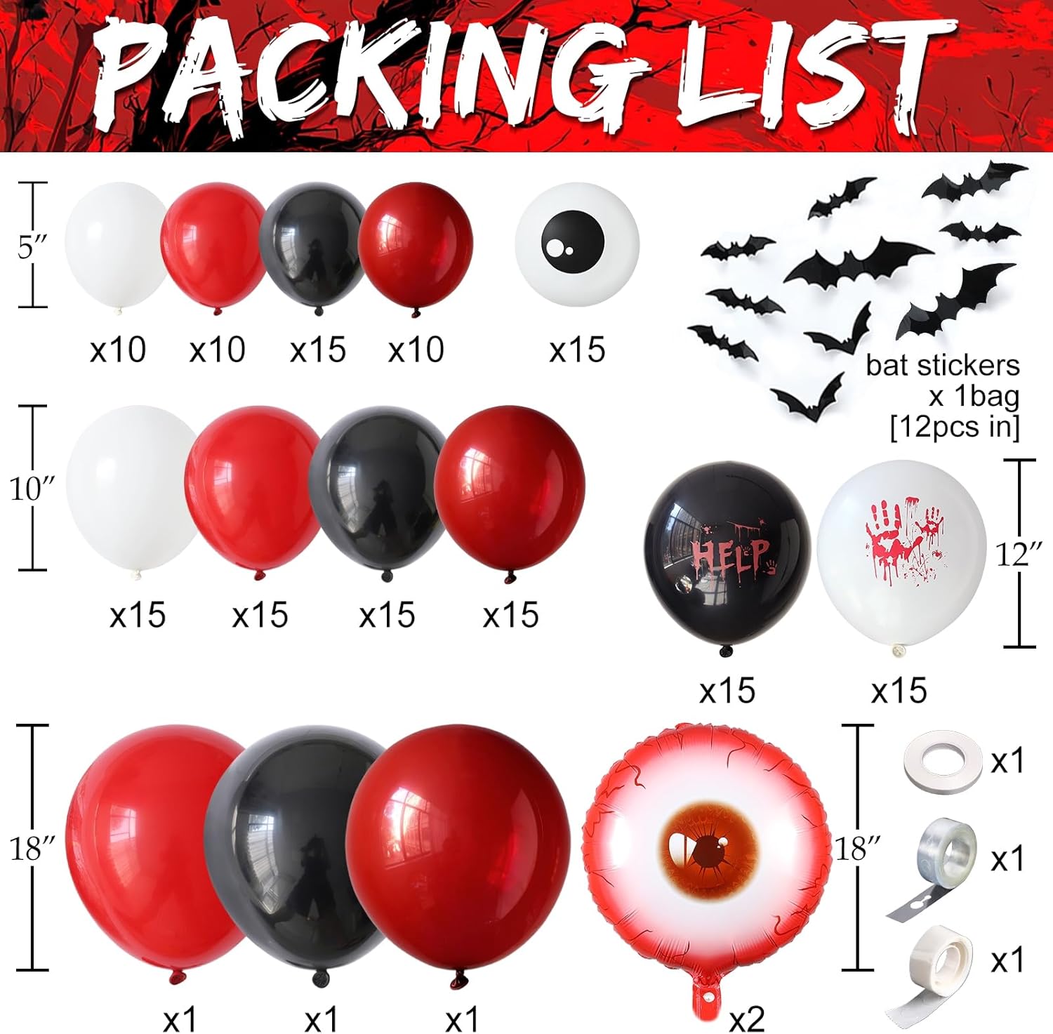 Bloody Scary Halloween Balloon Arch Kit,159Pcs Red Black White Bloody Handprints Balloon Garland with Eyeball Foil Balloons,3D Bat Stickers for Horror Movies Night Killer Birthday Party Decorations - Image 2