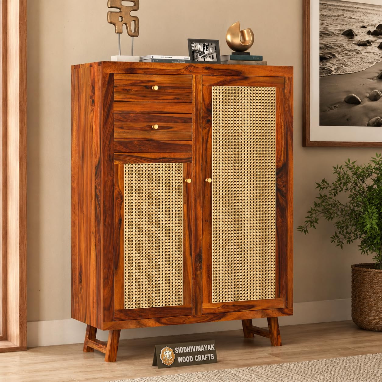 Siddhivinayak Solid Sheesham Wood Sideboard Cabinet for Living Room | Wooden Storage Cabinet with 2 Cane Doors, 2 Drawers & 5 Shelves | Sideboard Cabinet for Home | Honey Finish-image-4