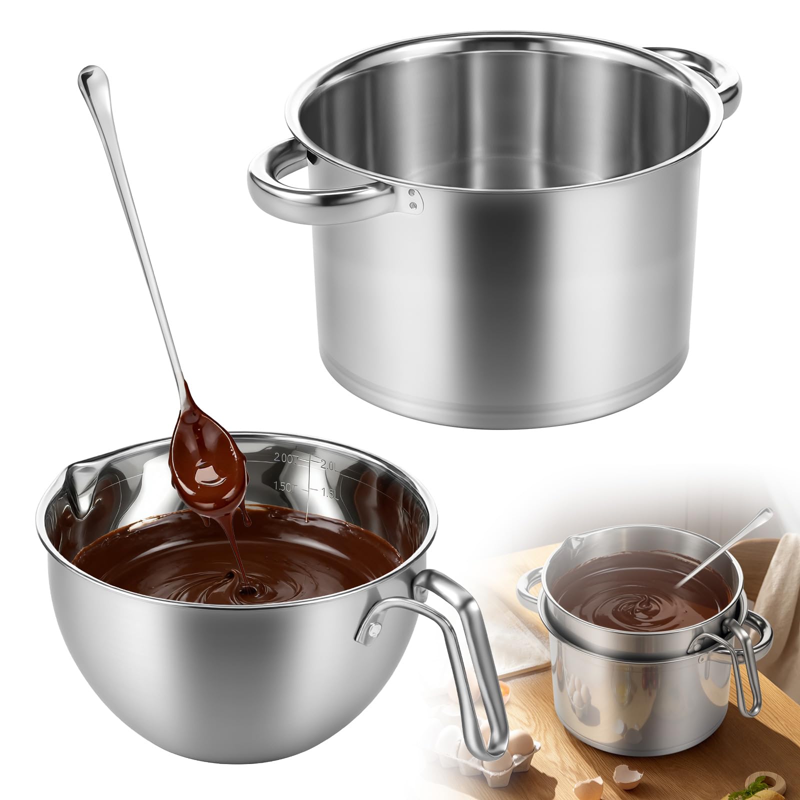 3-Teiliges Wasserbad Schmelzschale,Wasserbad Schmelztopf Edelstahl,Doppeltopf Schokolade Schmelzen Topf,Schmelztopf Schokolade mit Griff und Rührlöffel,für Käse,Zucker,Butter,Käse,Karamell,Kerzen