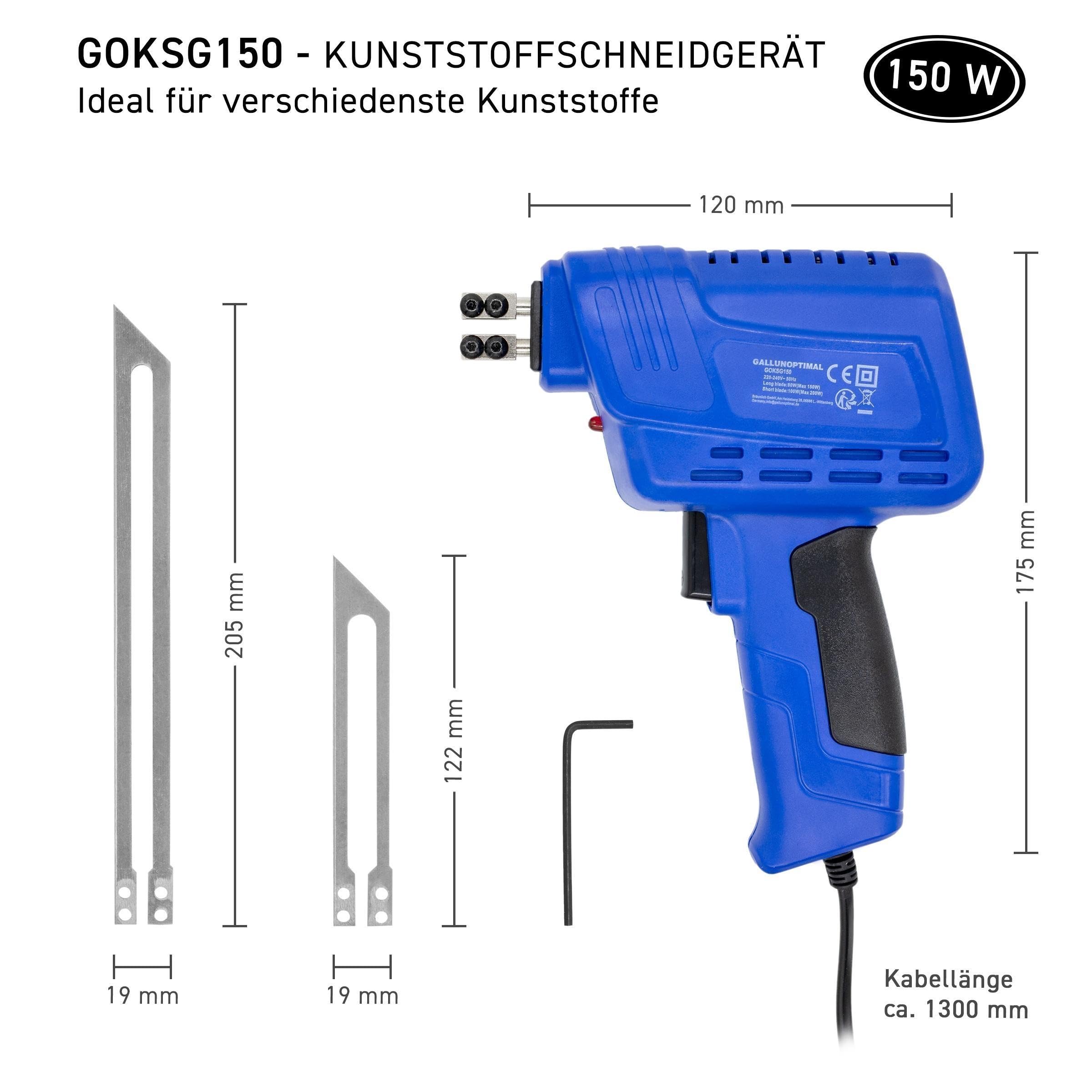 Kunststoffschneidgerät GOKSG150 230V – elektrisch, 150W, schutzisoliert, 2 Schneidklingen (123/205 mm), Aufheizzeit 10 s, schnell einsatzbereit, inkl. Koffer & Werkzeug