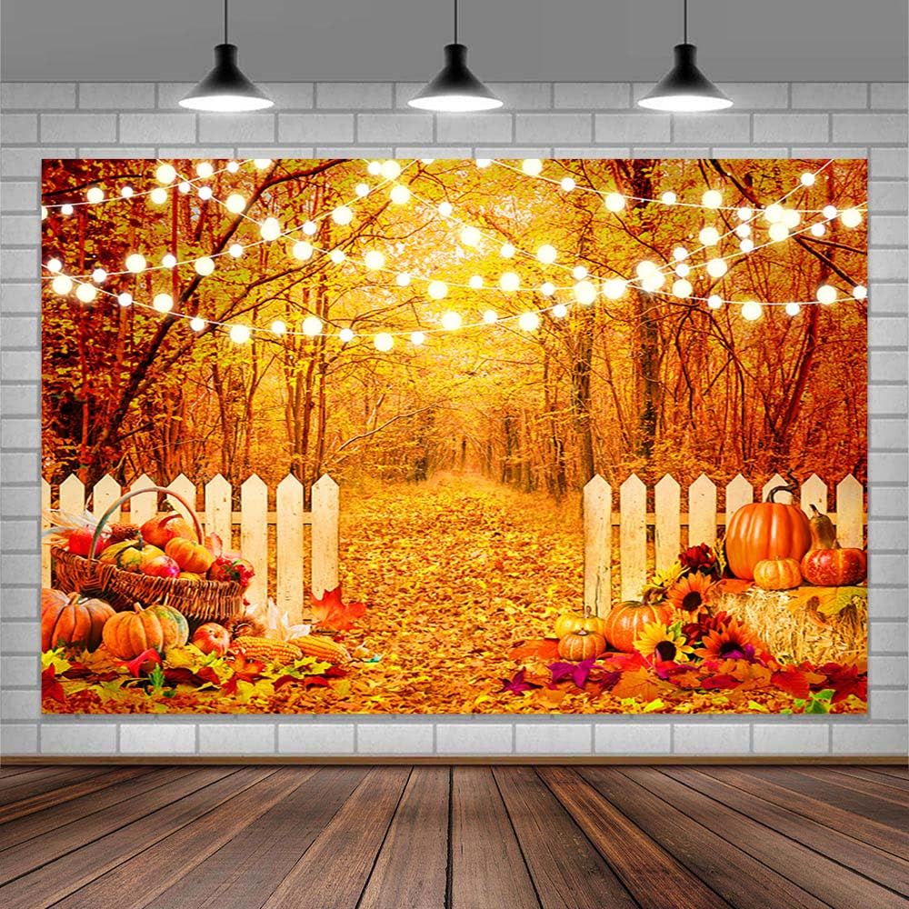Fall Photography Backdrop, Autumn Yellow Maple Leaves Pumpkin Background, Thanksgiving Harvest Holiday Fall Party Decorations Banner Photo Booth Props
