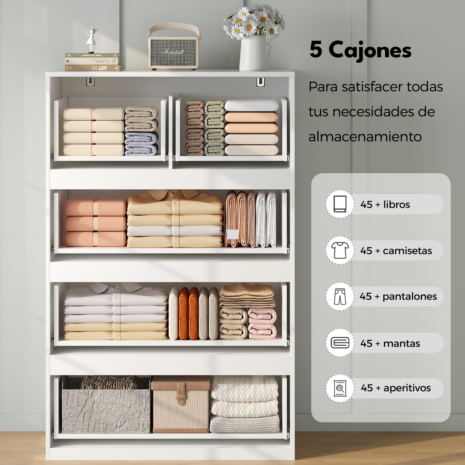BEWISHOME Comoda Dormitorio,Cajonera con 5 Cajones,Cajonera Blanca,Comodas y Cajoneras,Cómoda Moderno para Pasillo,Salon,Tirador Oculto,68x38x94 cm,EKCG07W