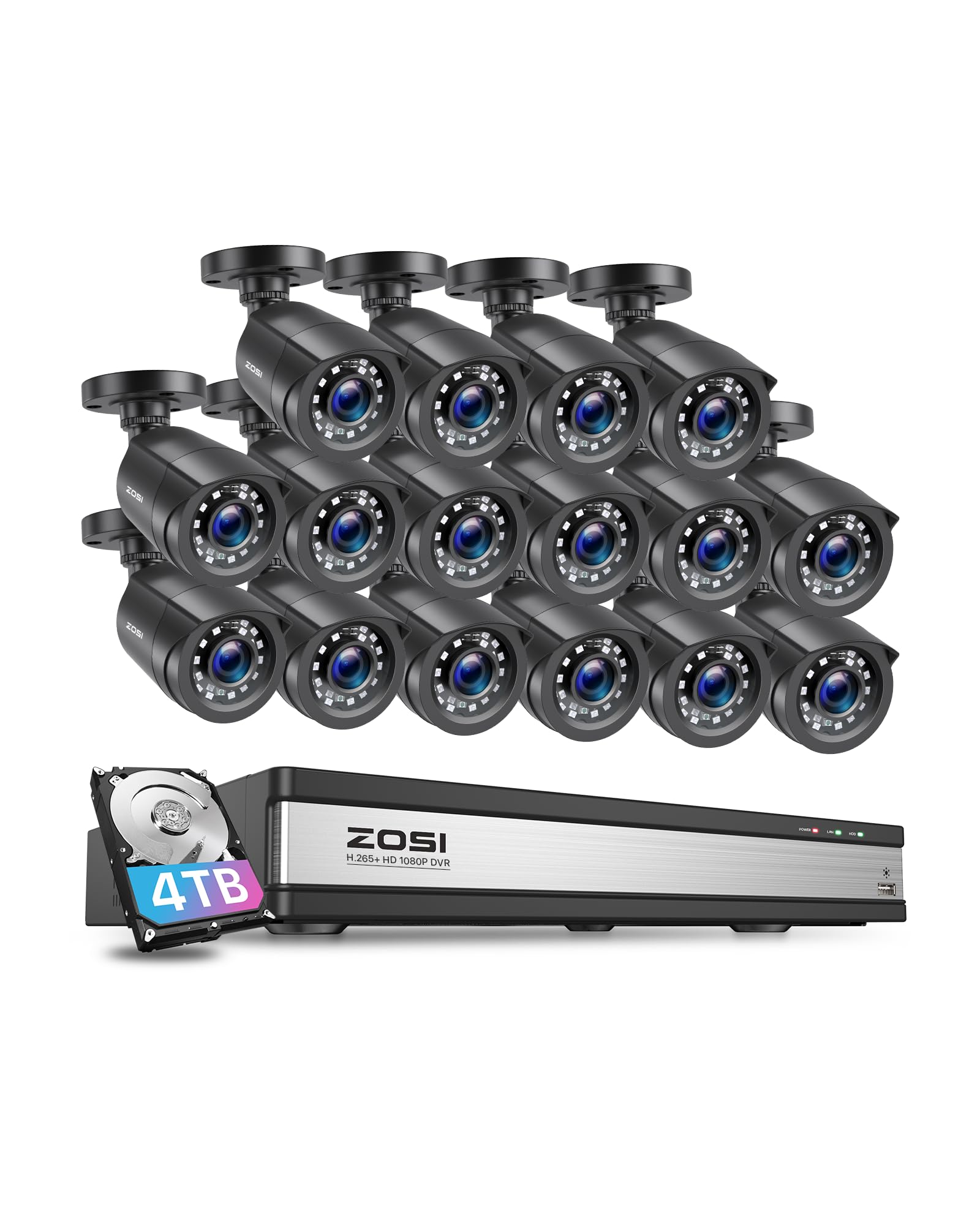 Zosi 1080P 16Ch Security Camera System With Human Vehicle Detection,16 Channel H.265+ 5Mp Dvr With Hard Drive 4Tb And 16Pcs 2Mp Cctv Bullet Cameras Outdoor Indoor, 80Ft Night Vision, Alert Alarm