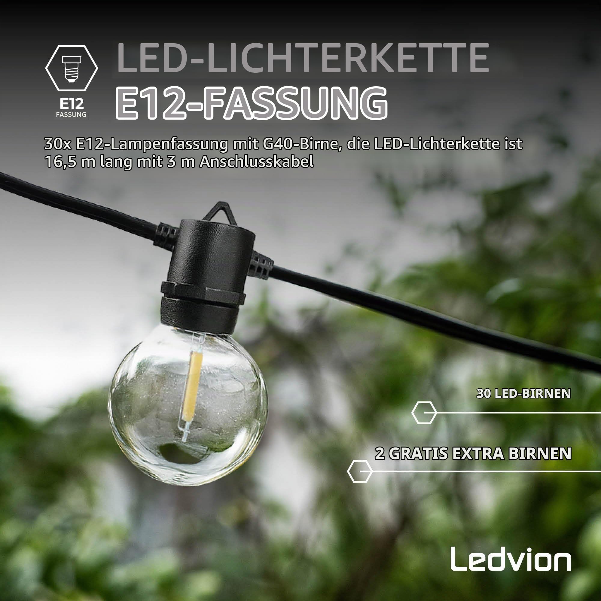 Ledvion - Lichterkette, 16.5M Solar, 30x E12 LED Lampe, wasserdicht IP44, 2700K, G40, Plug & Play, koppelbar