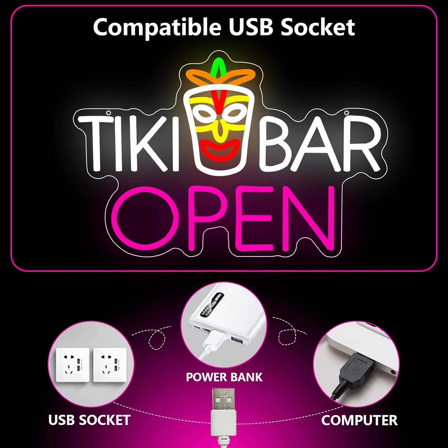 Tiki Bar Neon Sign, Tiki Bar Led Light Signs for Wall Decor Open Hawaii Tropical Luau Party Decorations for Pub Bistro Night Club Home Man Cave Dimmable USB Powered Pink(16.9"*11.4")