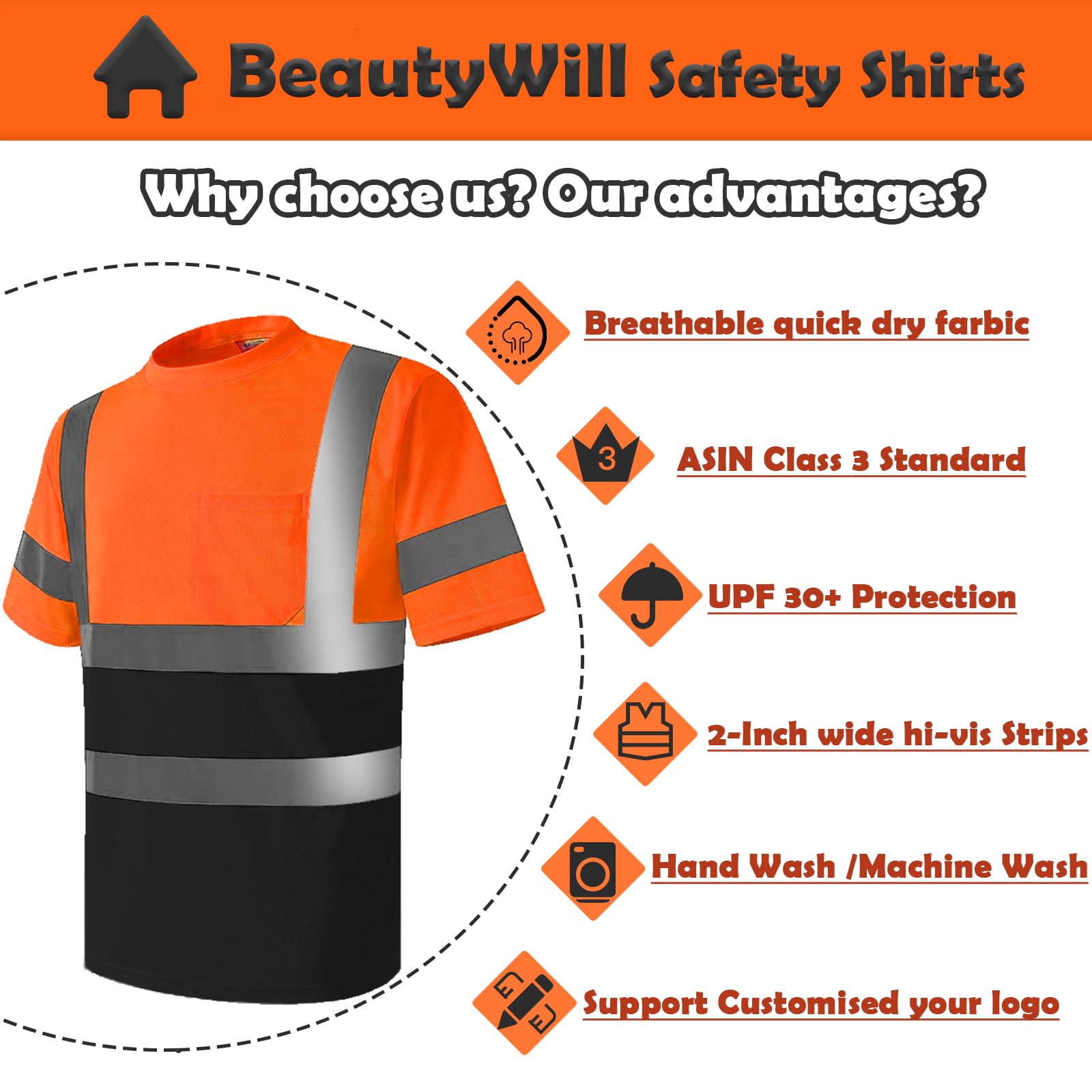 10 Pack Custom Logo High Visibility Safety Shirts ANSI Class 3 Standard Personalized Reflective Work Shirts for Men (Orange/Black-Shortsleeve,XX-Large)