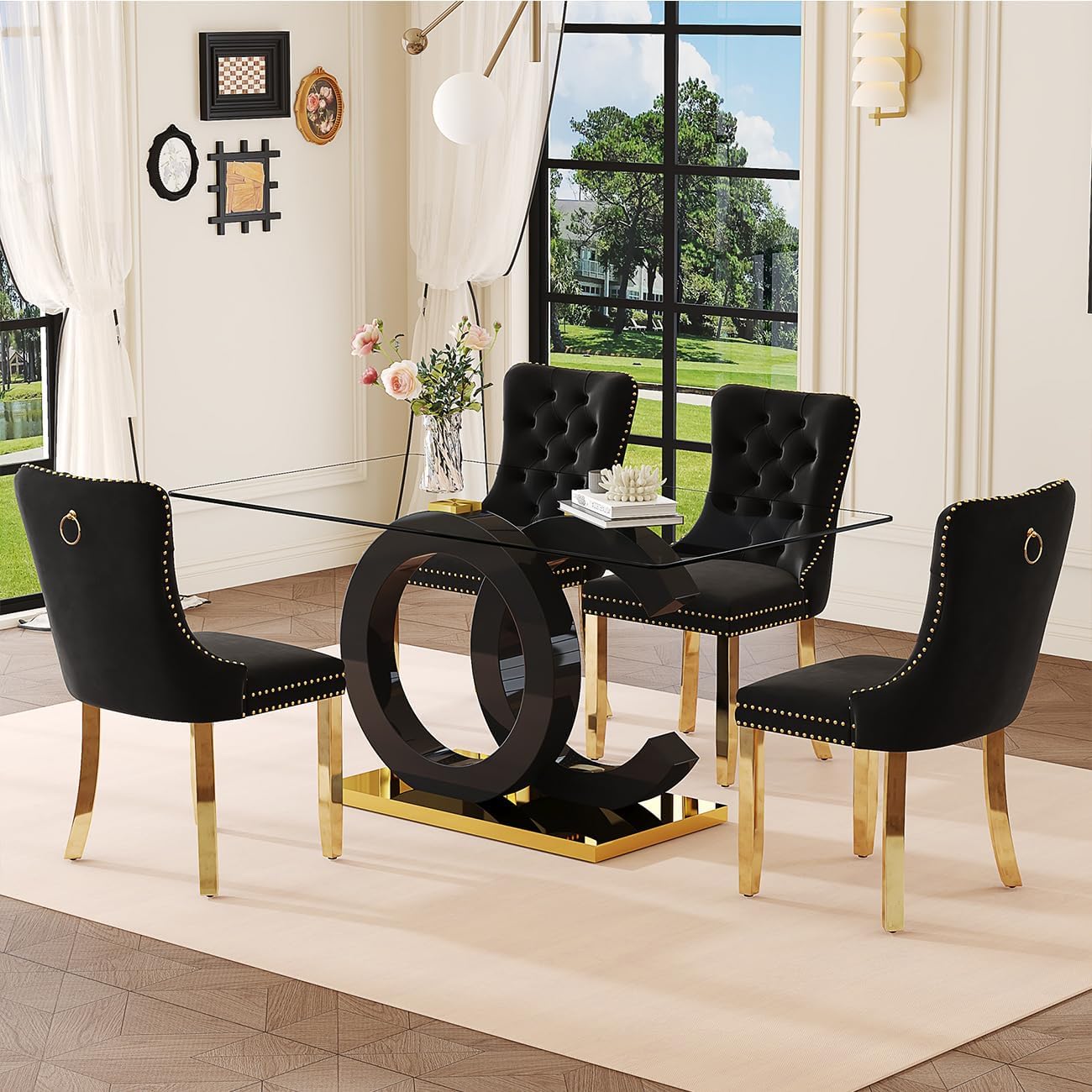 Glass Dining Table Set for 4, 63″ Black and Gold Tempered