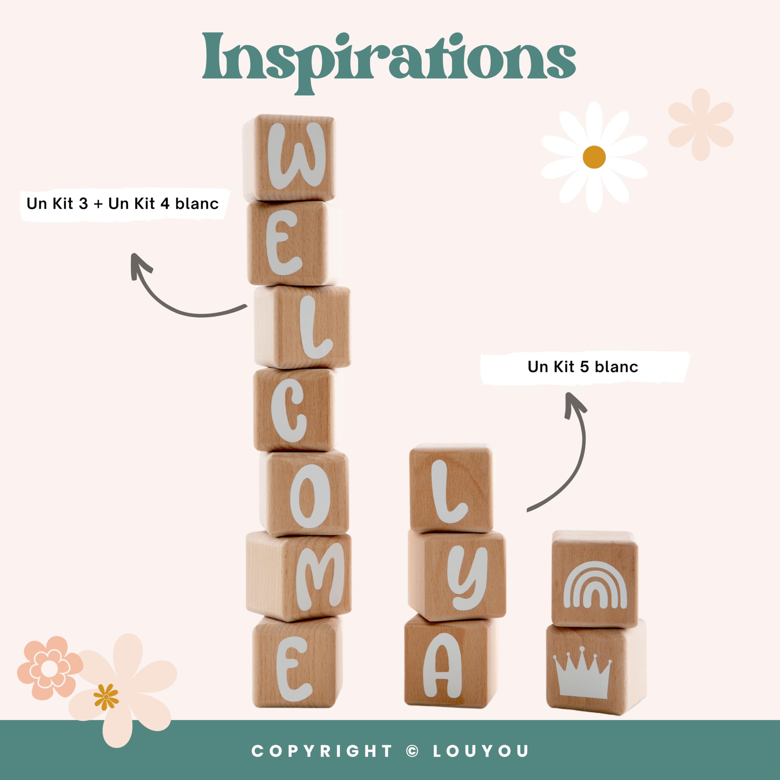 Cubos de Madera de 5cm x 5cm Kit de 4 Cubos con Pegatinas Grises - Letras de Madera de Gran Tamaño, Nombre Personalizado, Decoración para Habitación Infantil y Regalo de Nacimiento (Gris, 4)