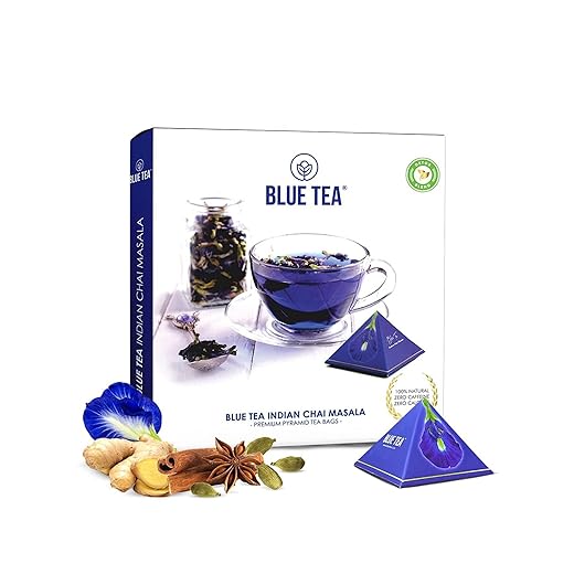 BLUE TEA - Indian Chai Masala - 12 Teabags | Ginger, Cinnamon, Cardamom | For Gift - Anniversary, Birthday, Friendship | Caffeine-Gluten Free |