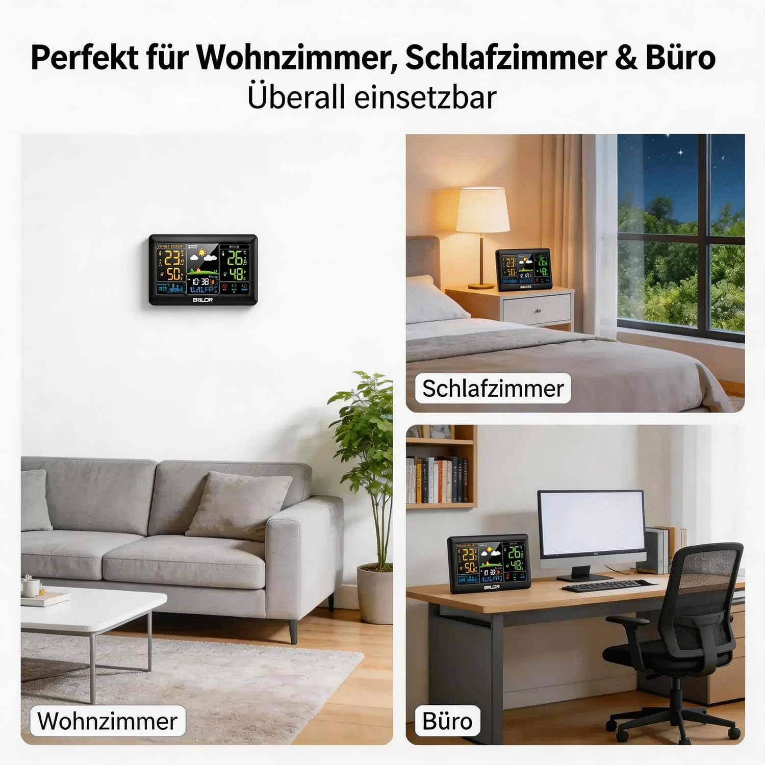 Konsen Wetterstation Funk mit Außensensor, 7,4" Farbdisplay mit automatische Dimmung nach Zeitplan, DCF Funkuhr, Innen- & Außentemperatur, Luftfeuchtigkeit, Luftdruck, Wettervorhersage