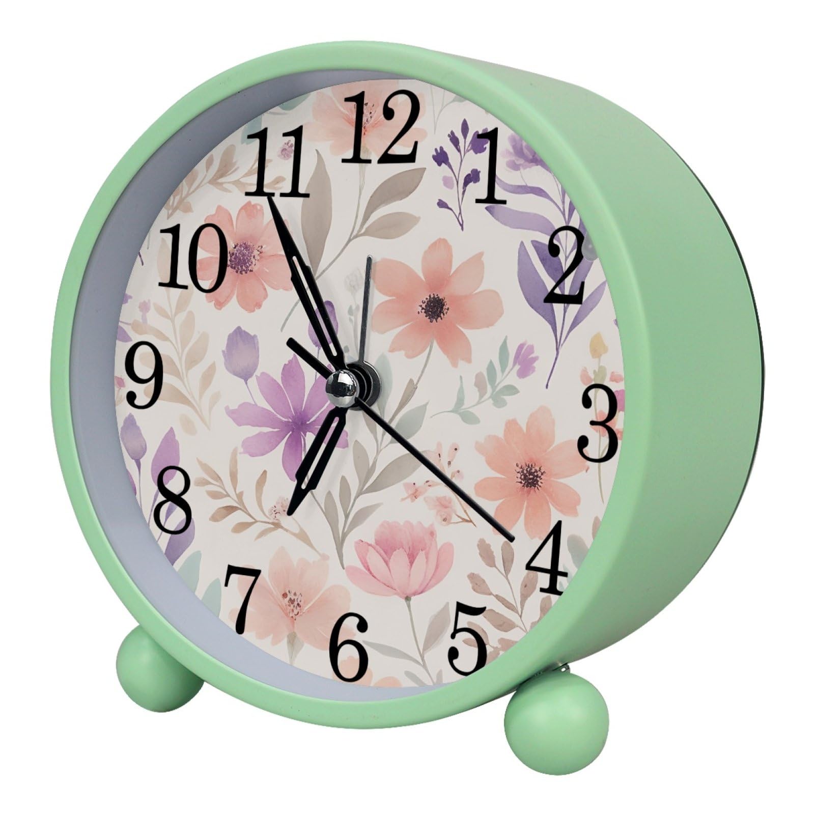 etoenbrc Watercolor Flower Round Battery Operated Bedside Alarm Clock Non-Ticking Desktop Silent Analog Alarm Clock with Light