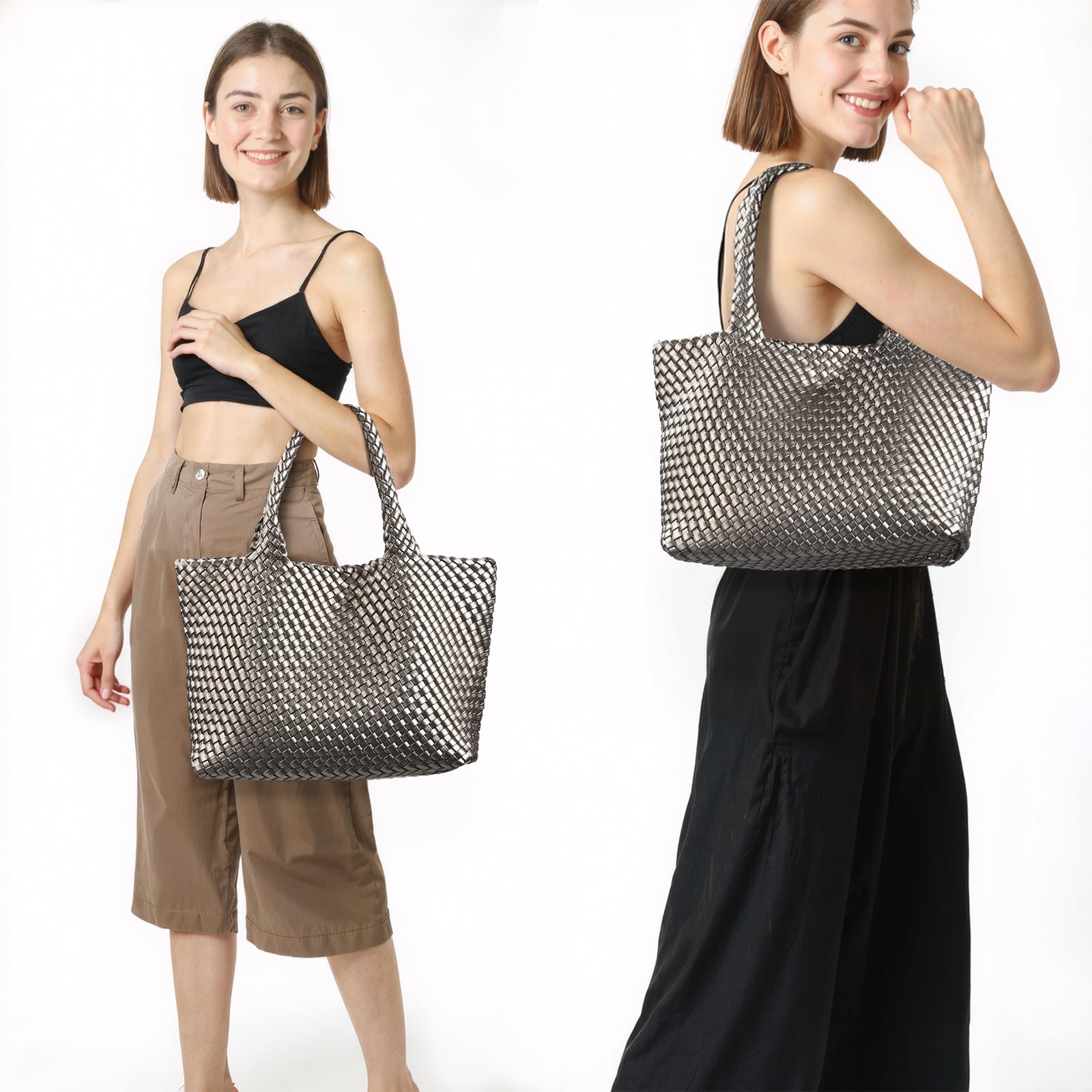 Woven tote Bag for Women, Large woven handbag Shoulder Bag Inner Zipper Pouch Sliver grey