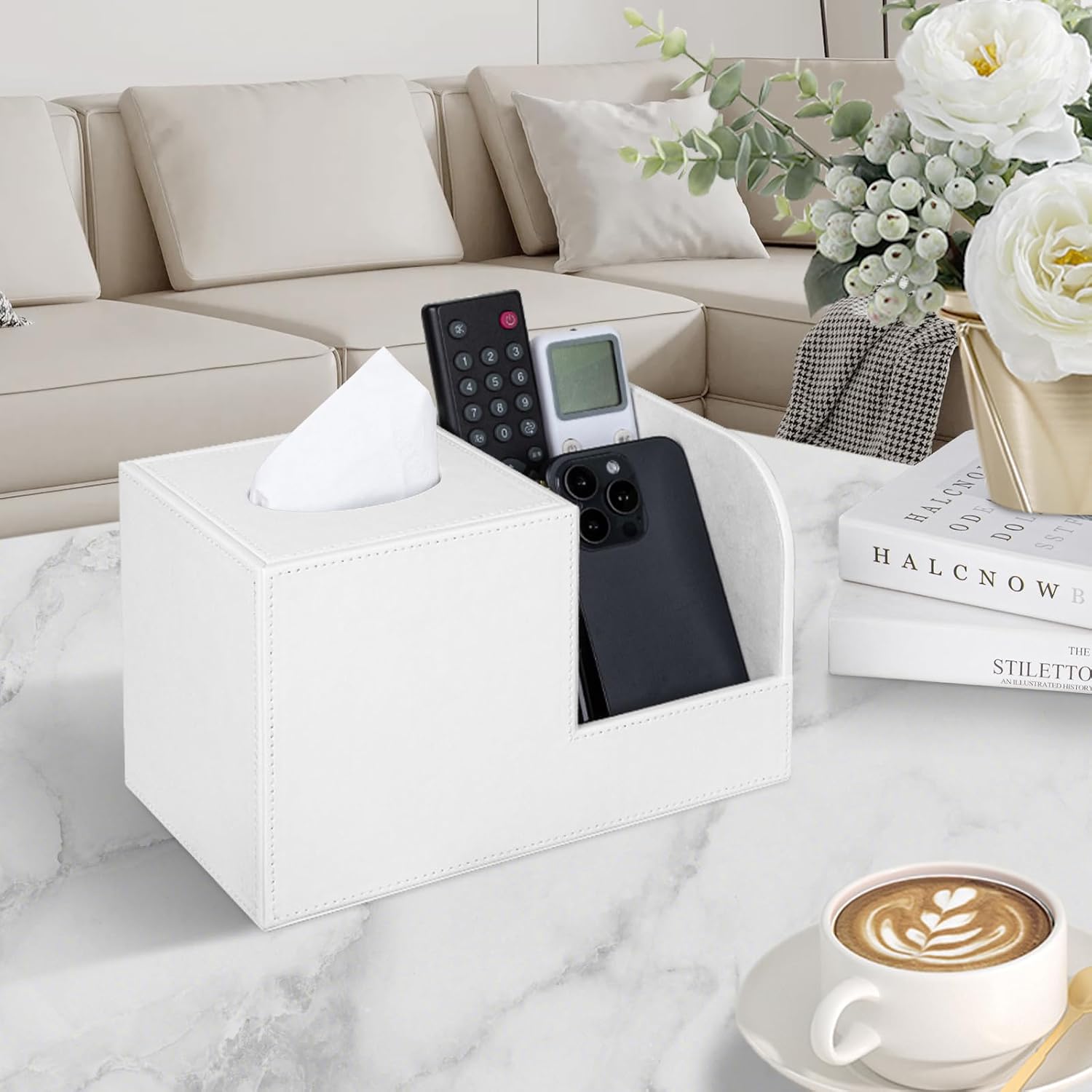 PU Leather Tissue Box Cover with Remote Control Holder, Square Tissue Box Holder for Living Room Bathroom Office (Cream-White)