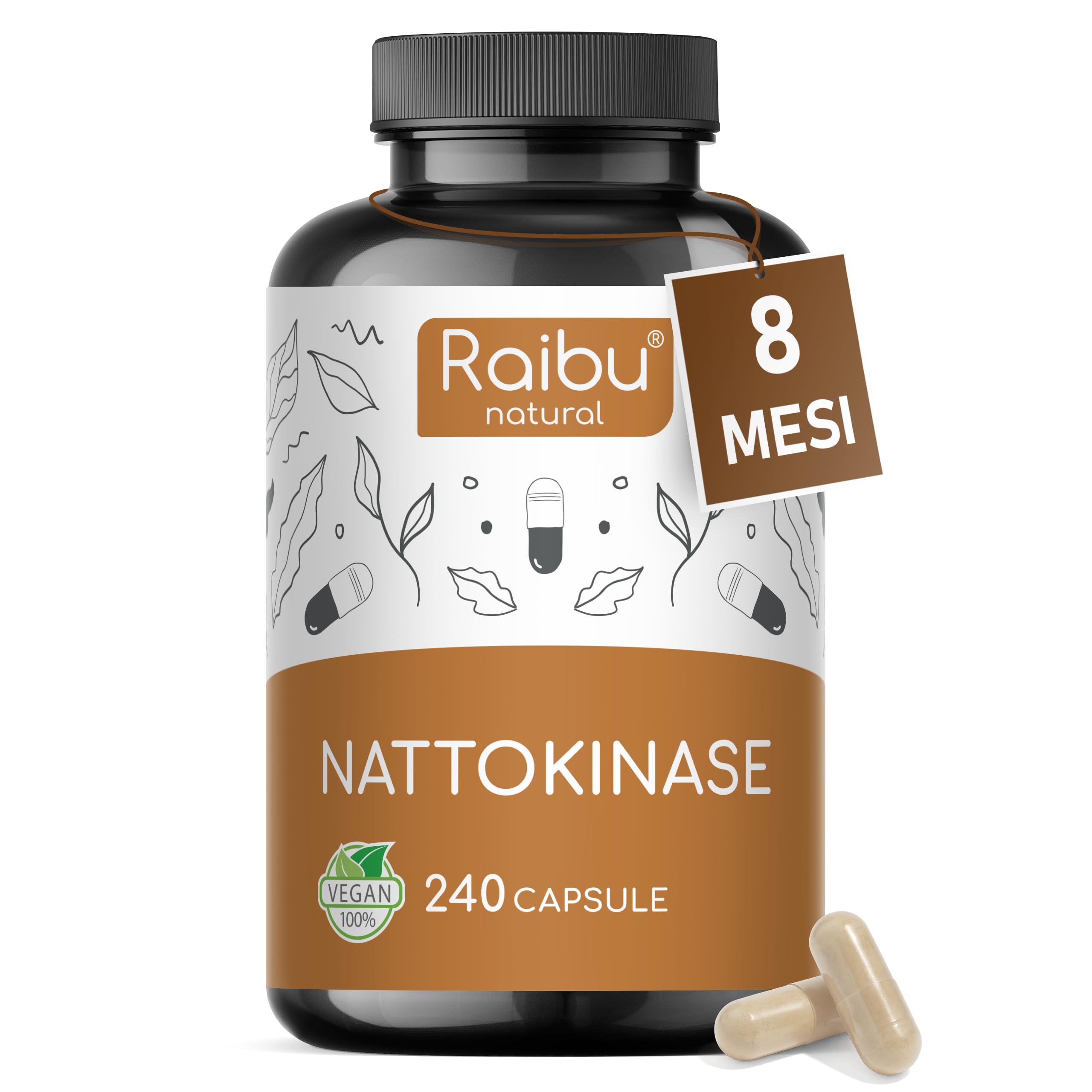 Raibu Nattokinase - Alto Dosaggio 100 mg (Nattokinase 20.000 FU/g) - Natto Giapponese da Soia, 8 Mesi di Fornitura - 240 Capsule, Testato in Laboratorio e Vegano - Senza Additivi