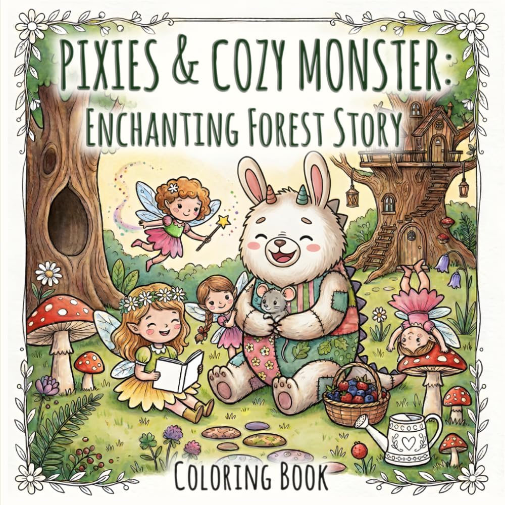 Pixies & Cozy Monster: Enchanting Forest Story Coloring Book: Adventures of Fairies and Cute Monster: A Magical Coloring Journey for Adults and Teens