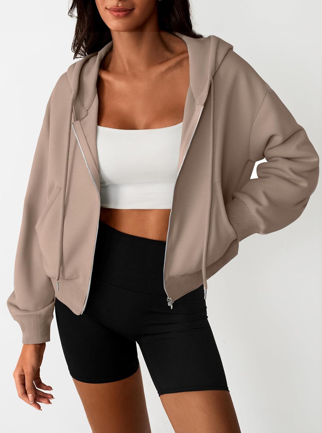 Hilinker Womens Cropped Zip Up Hoodie Drawstring Long Sleeve Crop Hooded Jacket with Pocket - Image 3