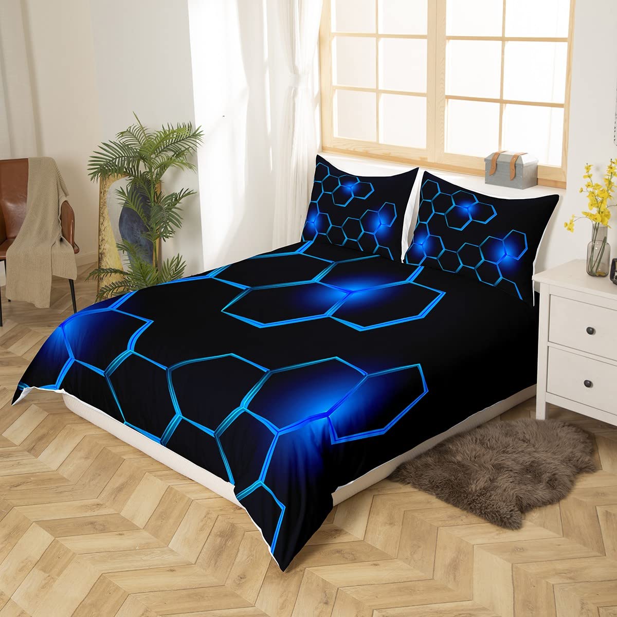 Loussiesd Kids Honeycomb Bedding Set Ice Sports Games Duvet Cover for Boys Children Teens Single Size Blue Bedroom Decor Geometrical Comforter Cover Set Beehive Geometric Bedspread with 1 Pillow Case - Image 2