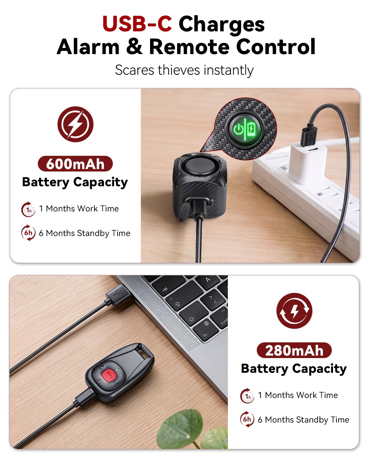 WSDCAM Dual Alert Fahrradalarm 120 dB, USB-C-Aufladung mit Fernbedienung | Zweiwege-Vibrationsalarm, 1148 Fuß Reichweite, IP65 wasserdicht, für E-Bikes, Motorräder, Roller